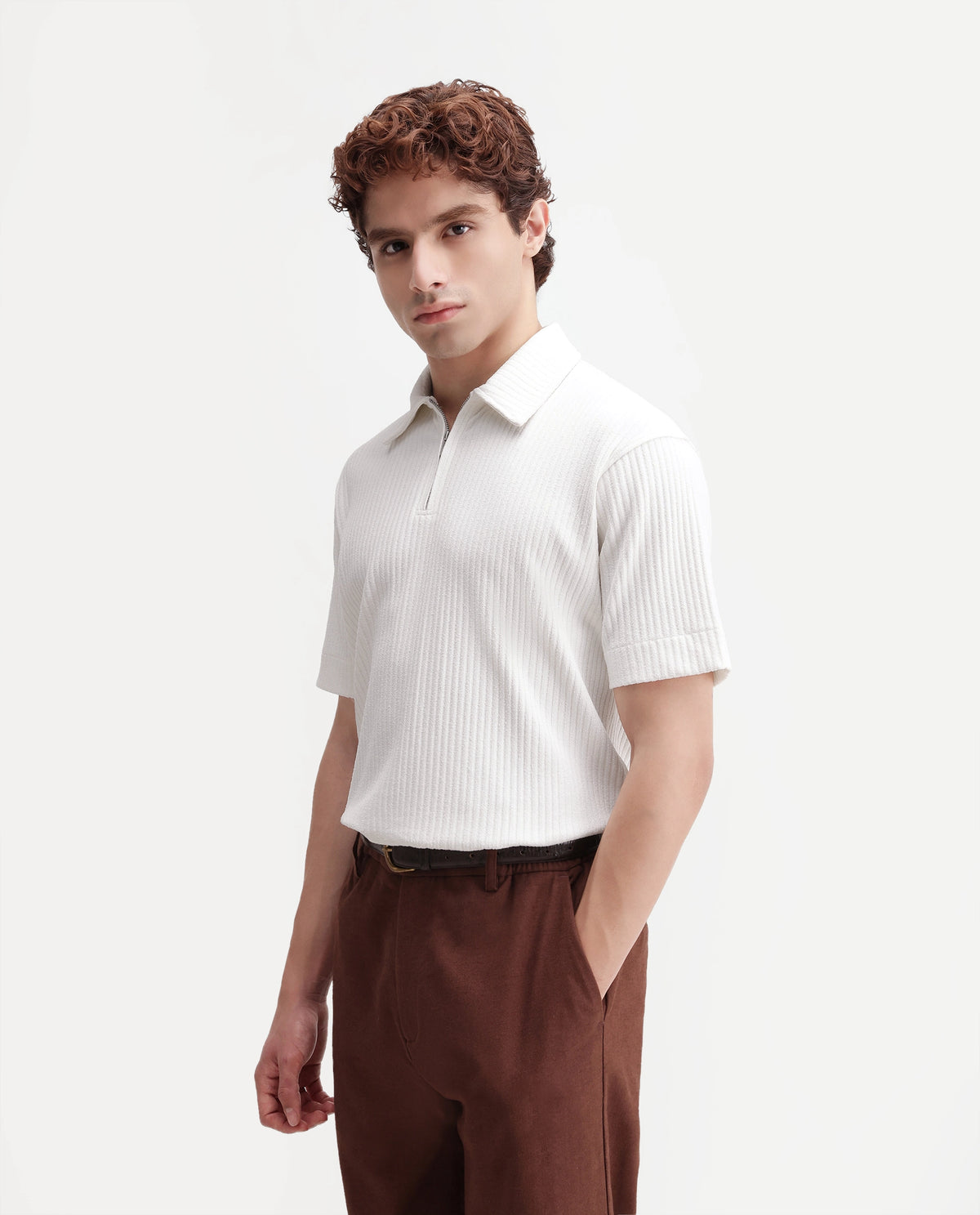 Rare Rabbit Men's Hexx-2 White Cotton Blend Spread Collar Zipper Regular Textured Polo