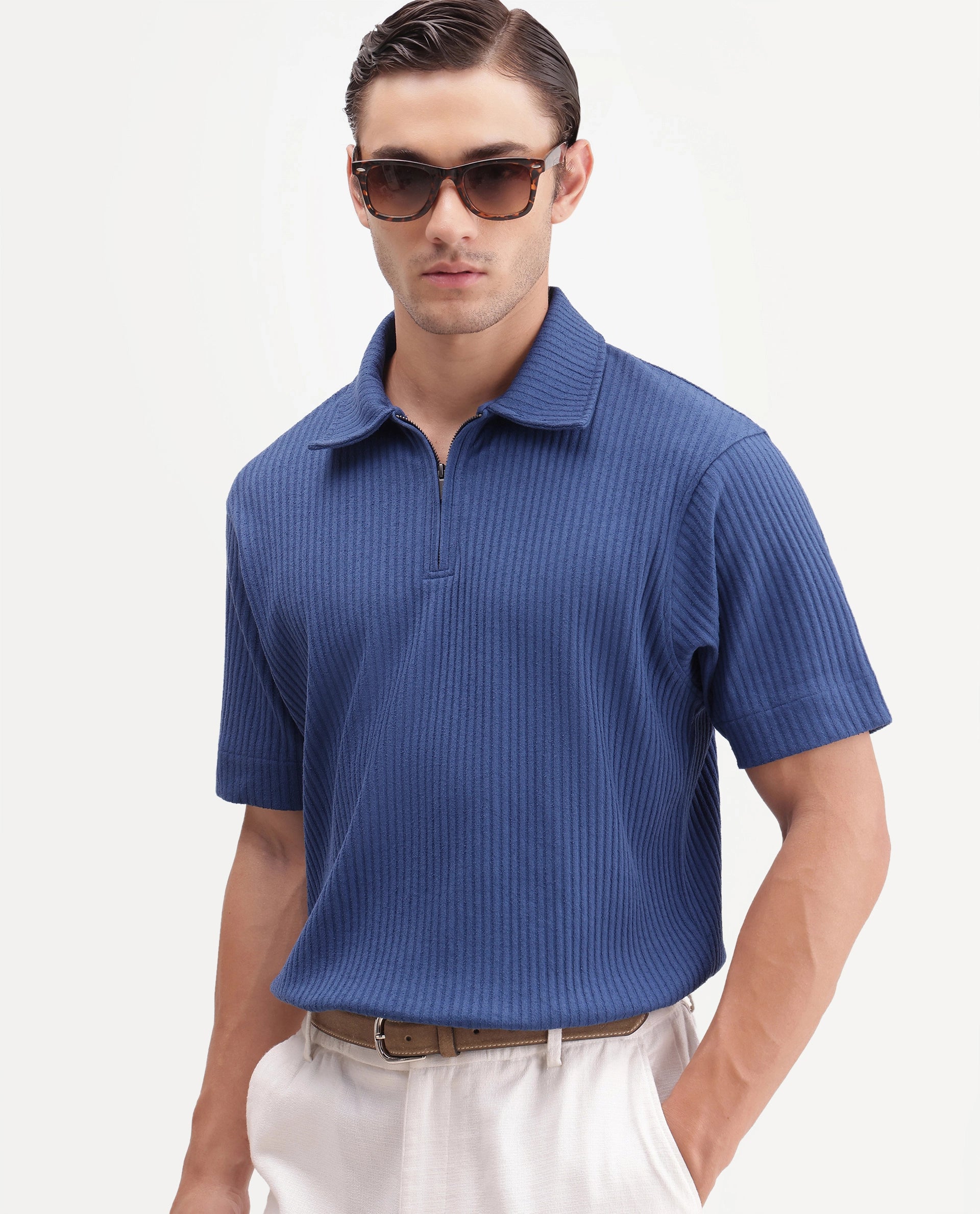 Rare Rabbit Men's Hexx-2 Blue Cotton Blend Spread Collar Zipper Regular Textured Polo
