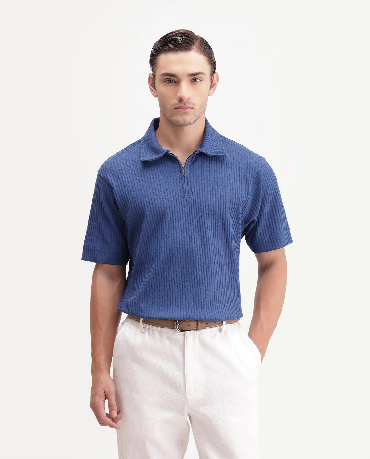 Rare Rabbit Men's Hexx-2 Blue Cotton Blend Spread Collar Zipper Regular Textured Polo