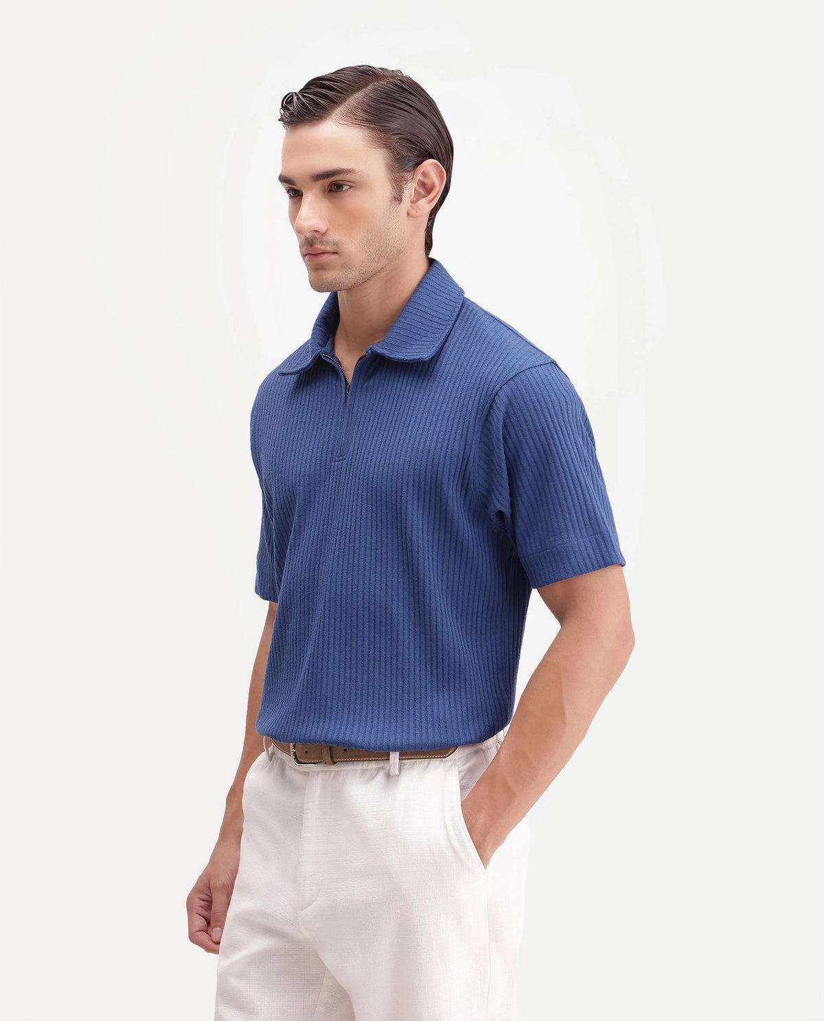 Rare Rabbit Men's Hexx-2 Blue Cotton Blend Spread Collar Zipper Regular Textured Polo