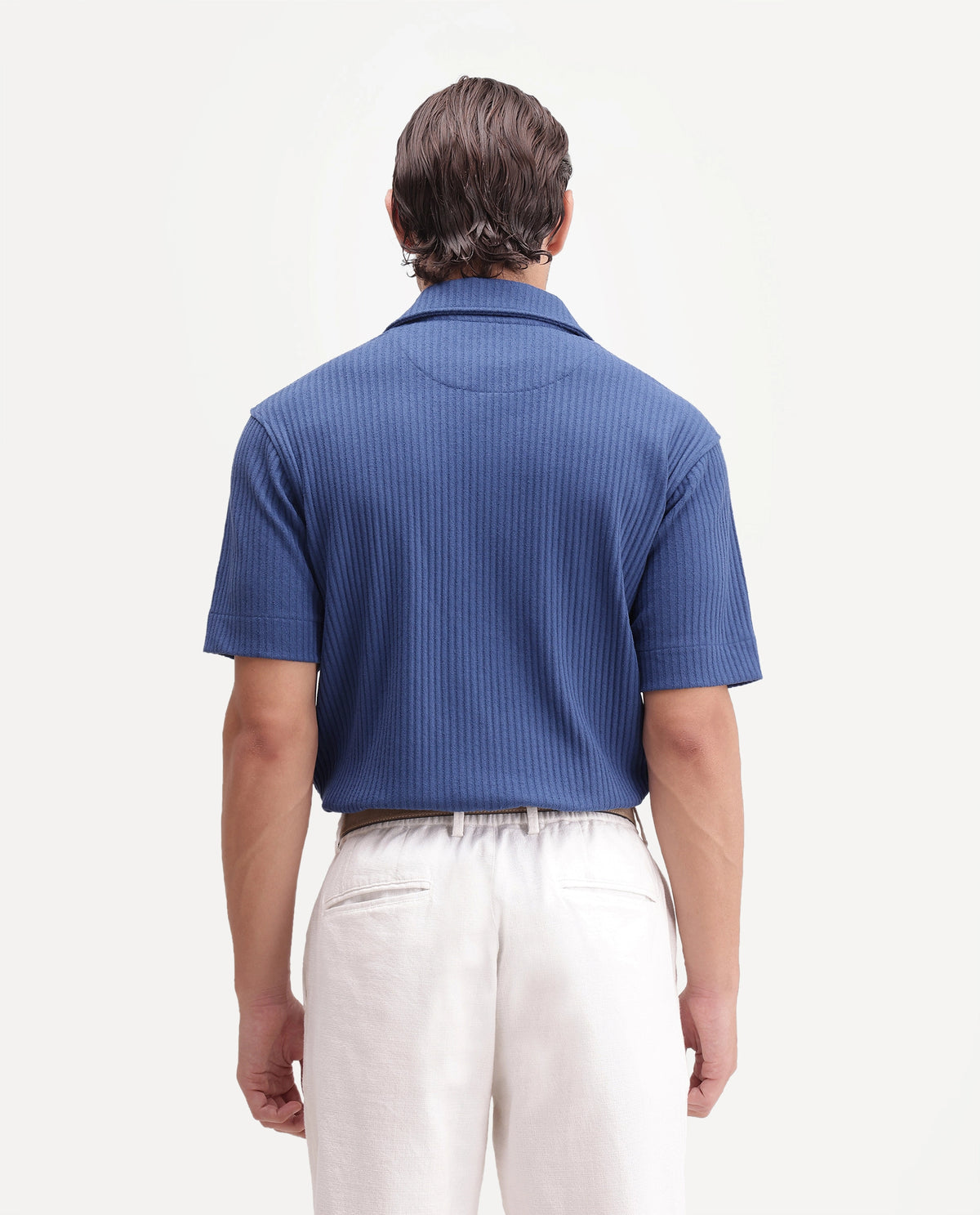 Rare Rabbit Men's Hexx-2 Blue Cotton Blend Spread Collar Zipper Regular Textured Polo