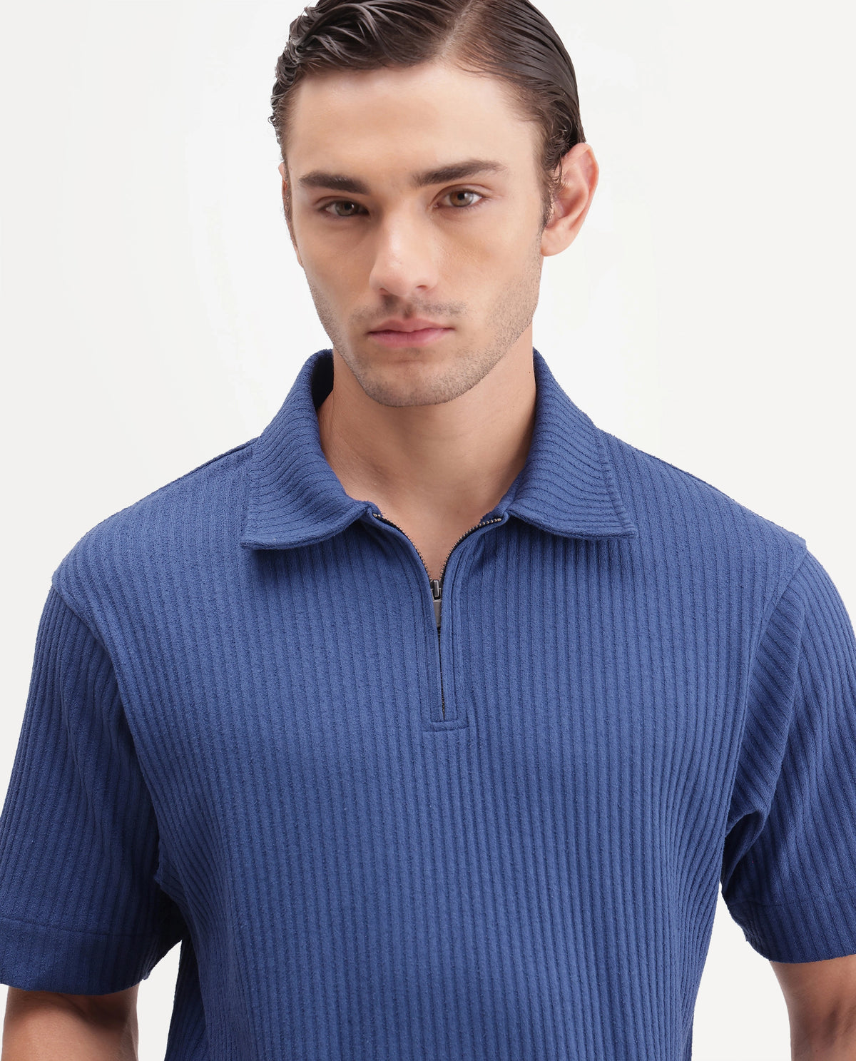 Rare Rabbit Men's Hexx-2 Blue Cotton Blend Spread Collar Zipper Regular Textured Polo