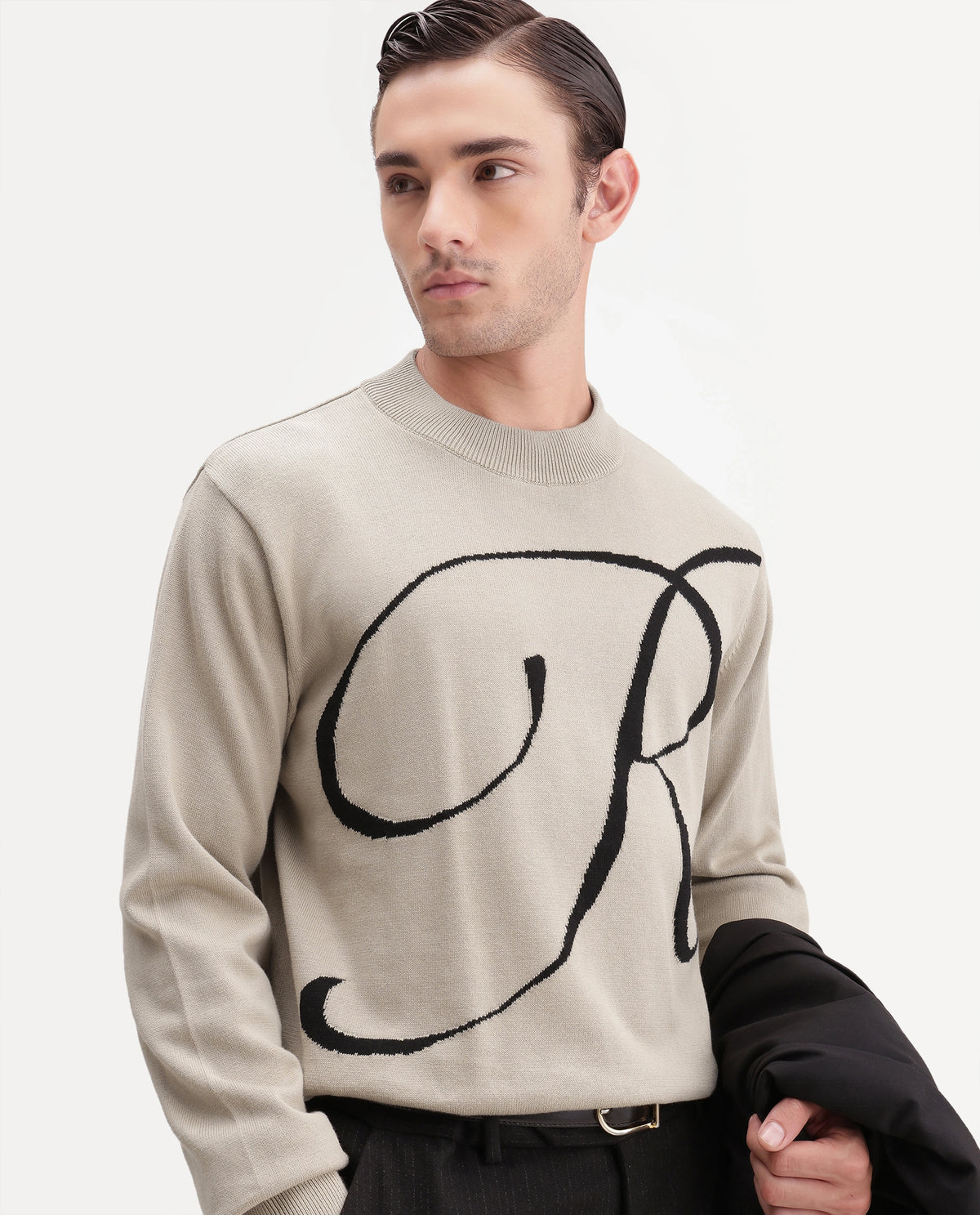 Rare Rabbit Men's Flurr Light Beige Cotton Crew Neck Regular Graphic Print Sweater