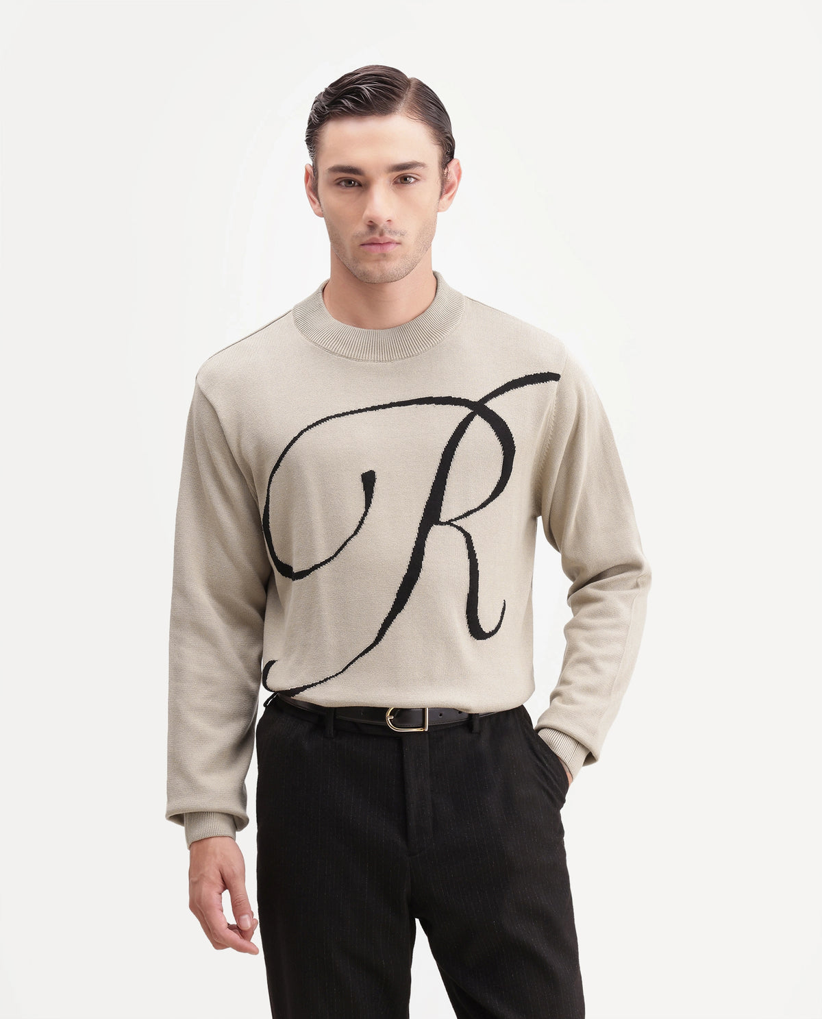 Rare Rabbit Men's Flurr Light Beige Cotton Crew Neck Regular Graphic Print Sweater