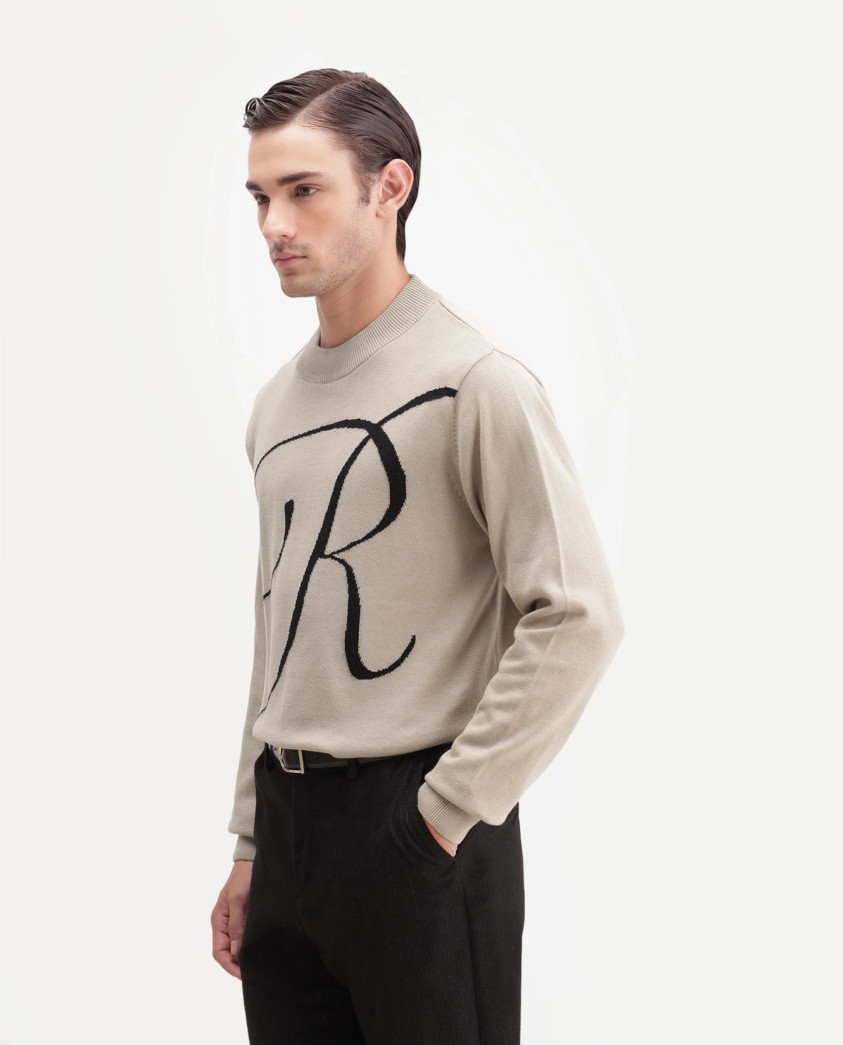 Rare Rabbit Men's Flurr Light Beige Cotton Crew Neck Regular Graphic Print Sweater