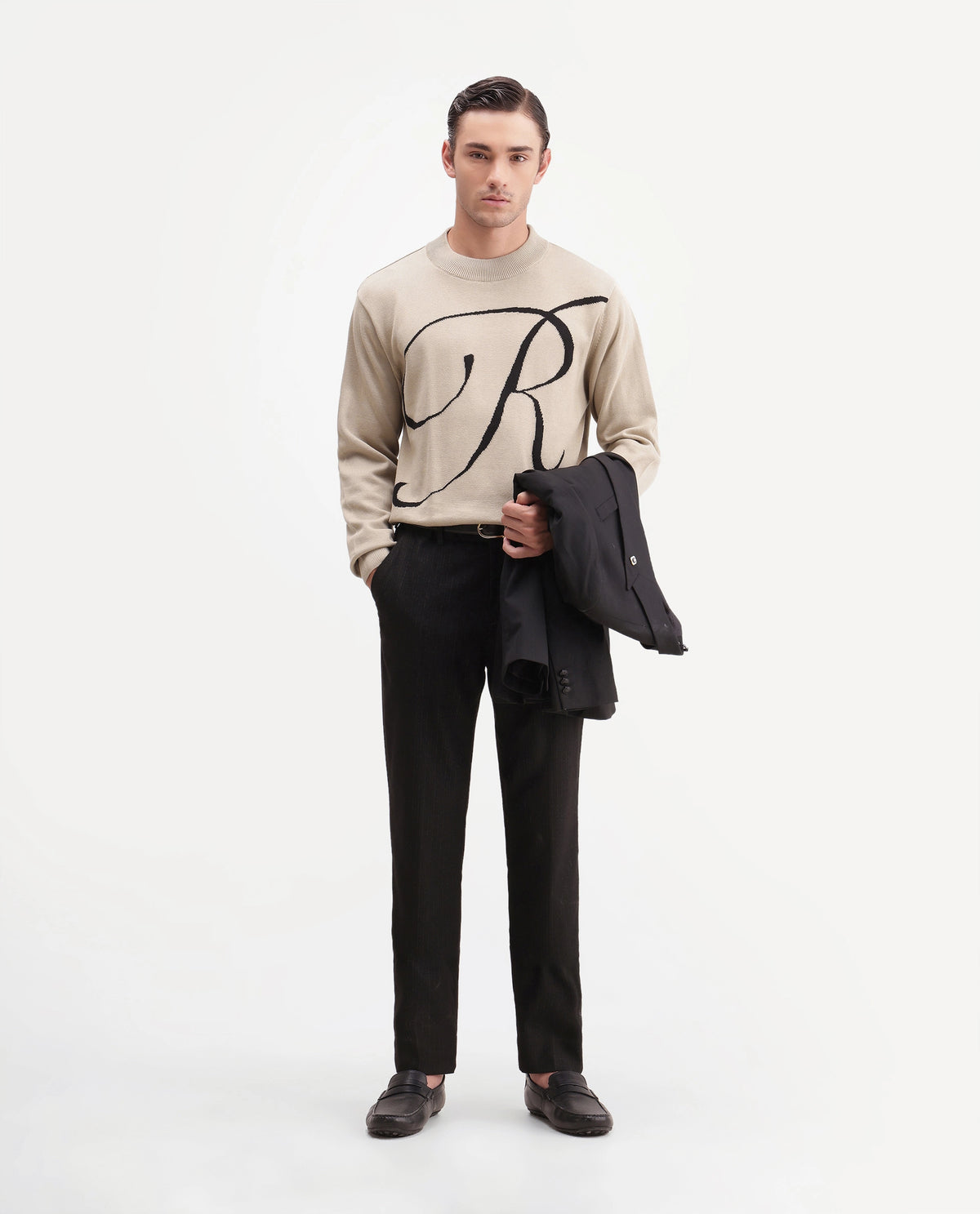 Rare Rabbit Men's Flurr Light Beige Cotton Crew Neck Regular Graphic Print Sweater
