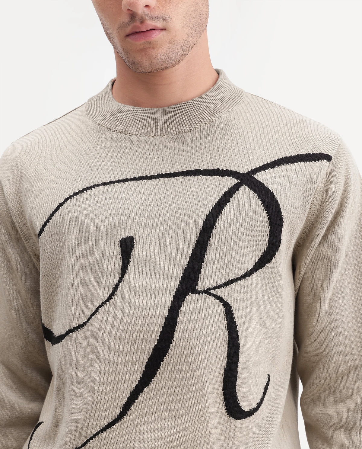 Rare Rabbit Men's Flurr Light Beige Cotton Crew Neck Regular Graphic Print Sweater