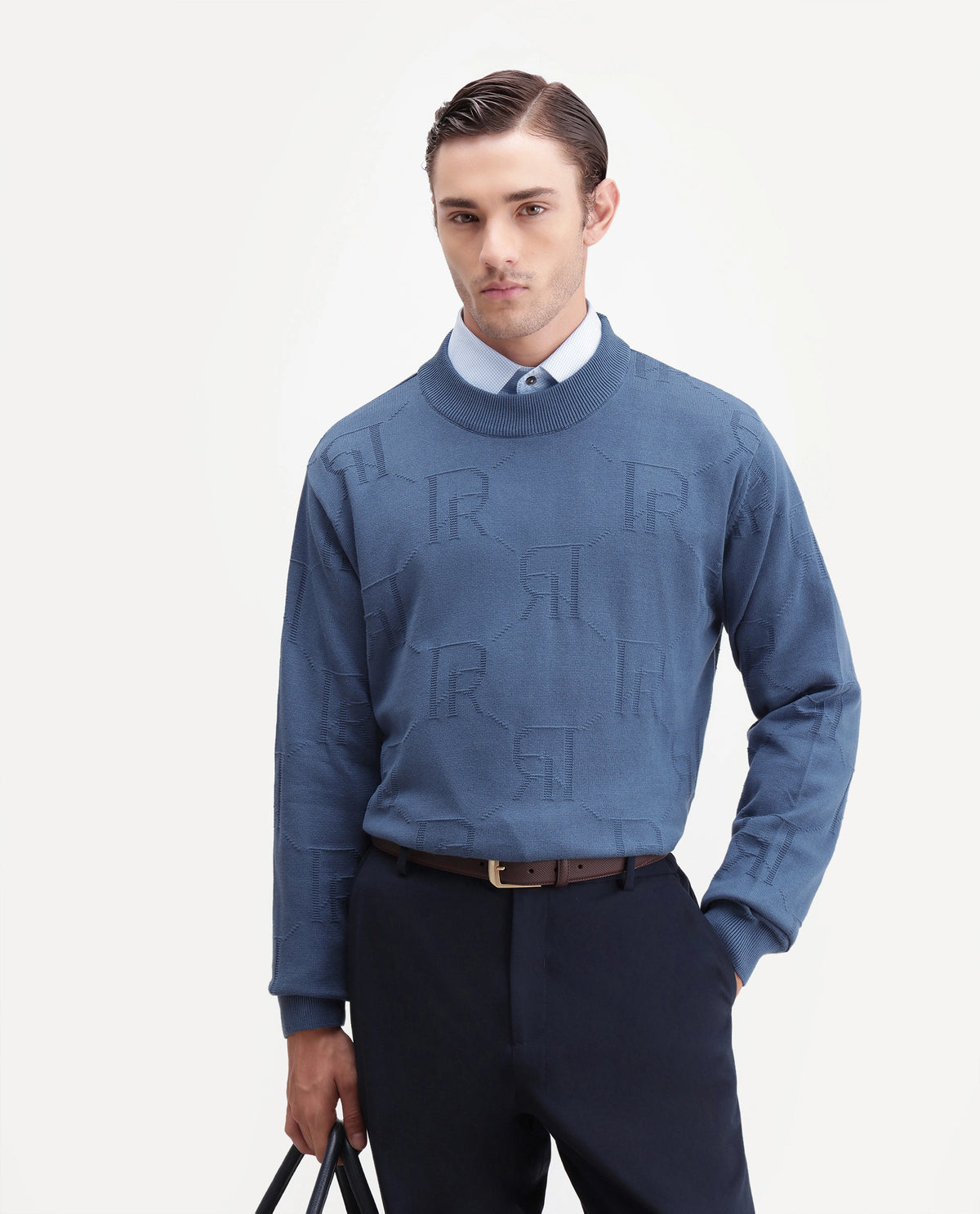 Rare Rabbit Men's Gret Fluorescent Blue Cotton Crew Neck Regular Jacquard Sweater