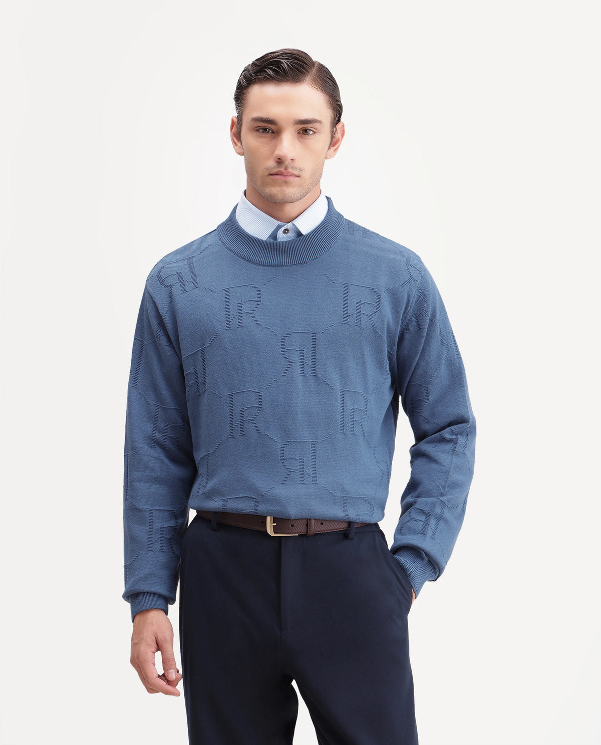 Rare Rabbit Men's Gret Fluorescent Blue Cotton Crew Neck Regular Jacquard Sweater