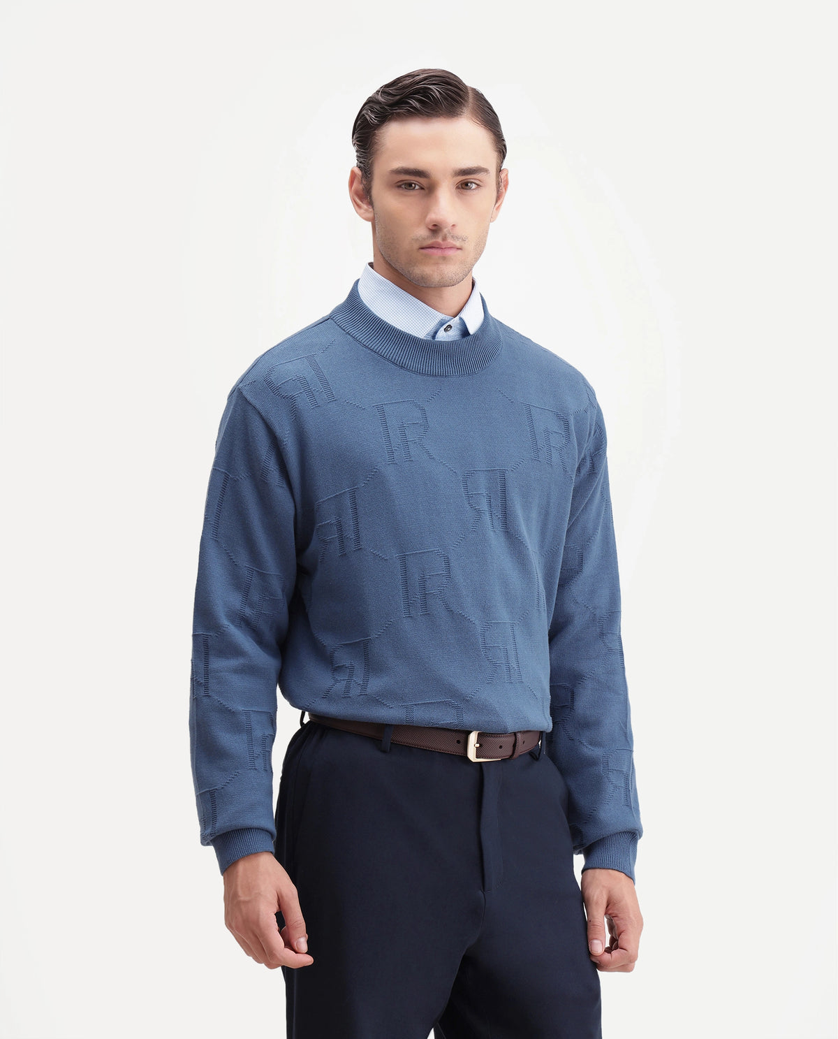 Rare Rabbit Men's Gret Fluorescent Blue Cotton Crew Neck Regular Jacquard Sweater