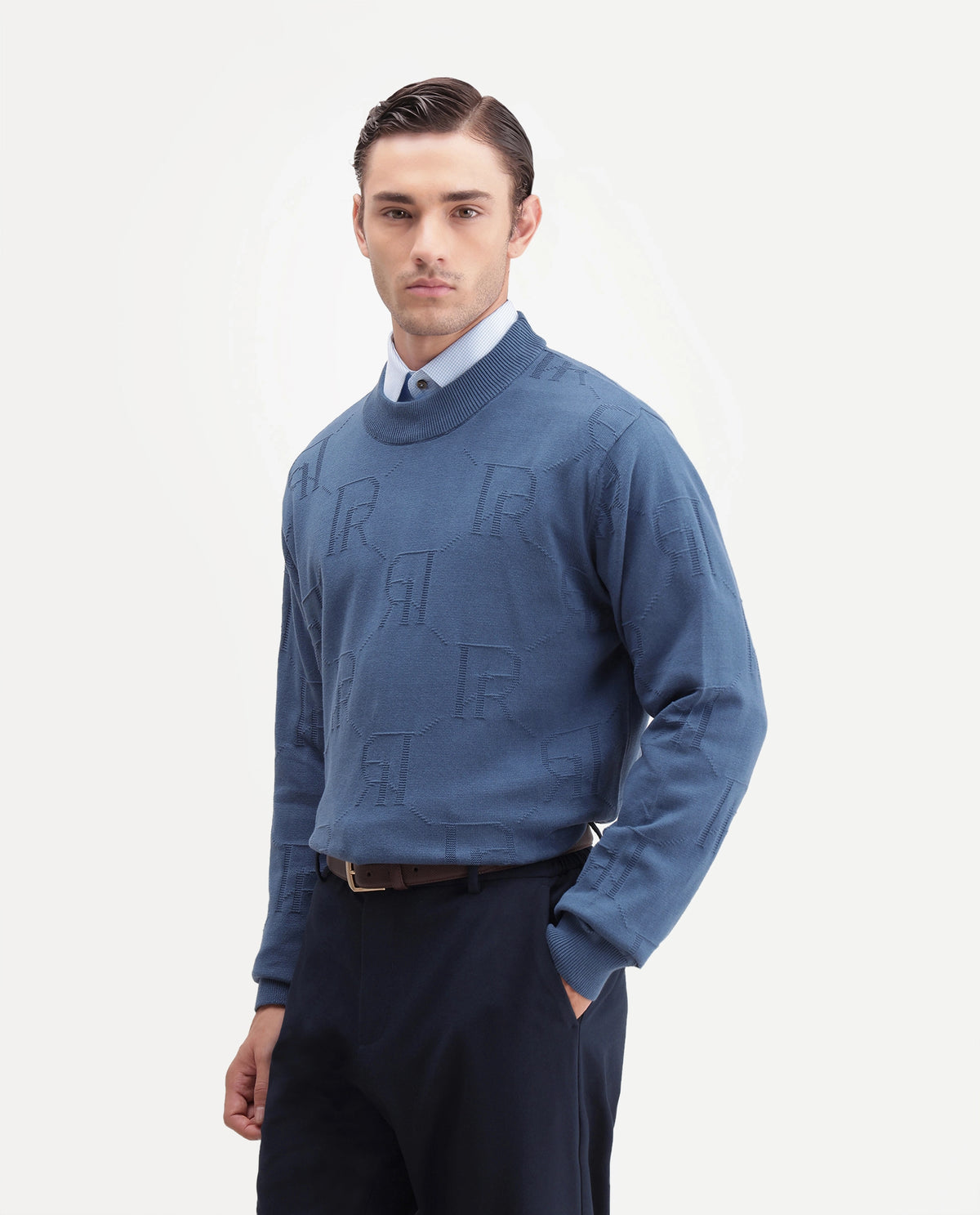 Rare Rabbit Men's Gret Fluorescent Blue Cotton Crew Neck Regular Jacquard Sweater