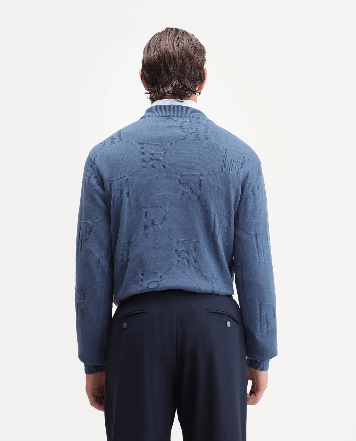Rare Rabbit Men's Gret Fluorescent Blue Cotton Crew Neck Regular Jacquard Sweater