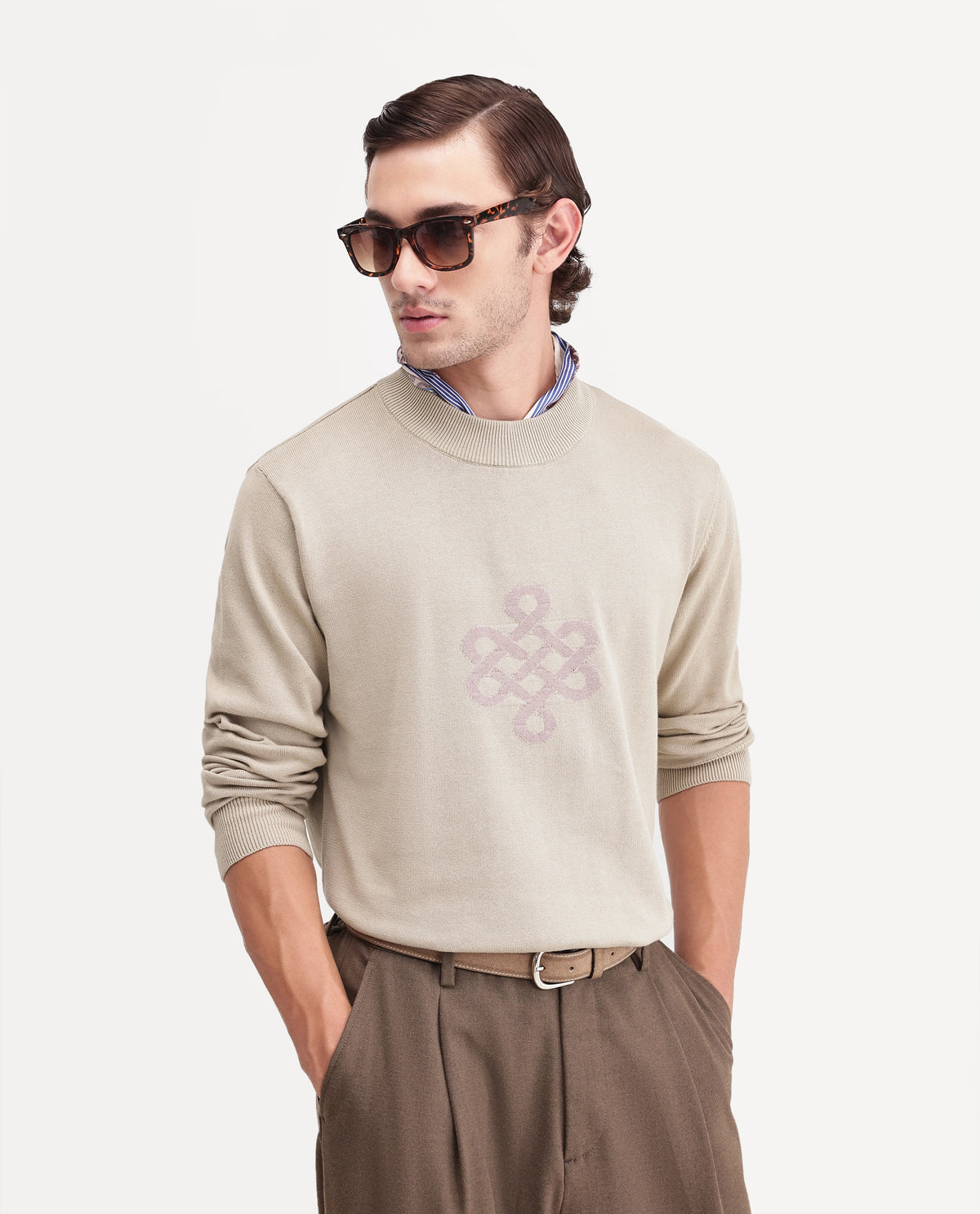 Rare Rabbit Men's Tres Dusky Brown Cotton Crew Neck Regular Graphic Print Sweater