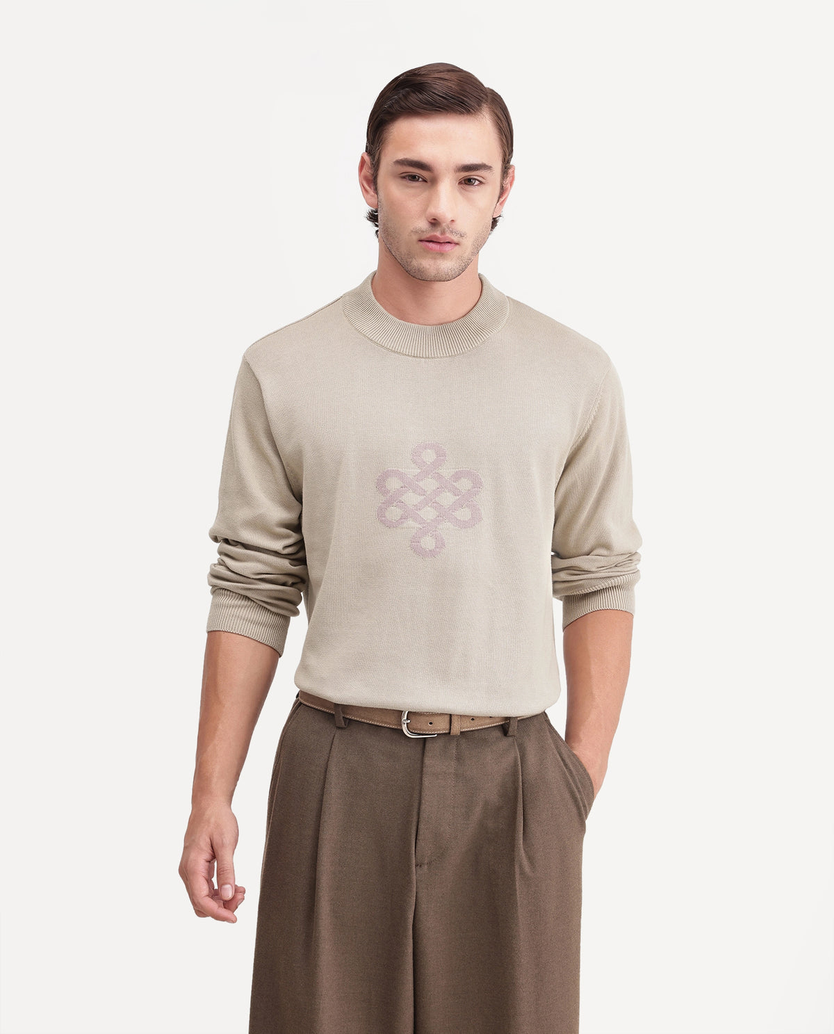Rare Rabbit Men's Tres Dusky Brown Cotton Crew Neck Regular Graphic Print Sweater