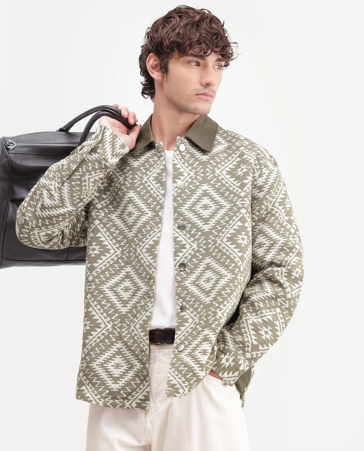 Rare Rabbit Men's Astro Beige Cotton Blend Spread Collar Snap Regular Jacquard Jacket