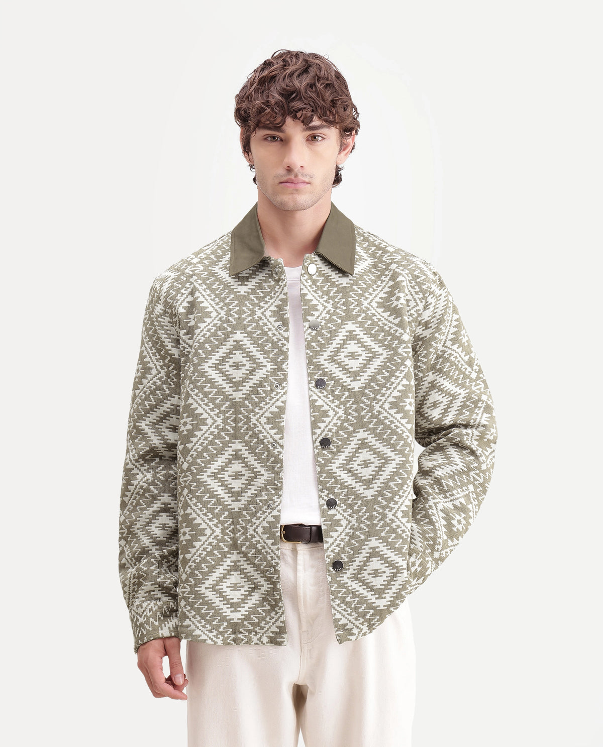 Rare Rabbit Men's Astro Beige Cotton Blend Spread Collar Snap Regular Jacquard Jacket