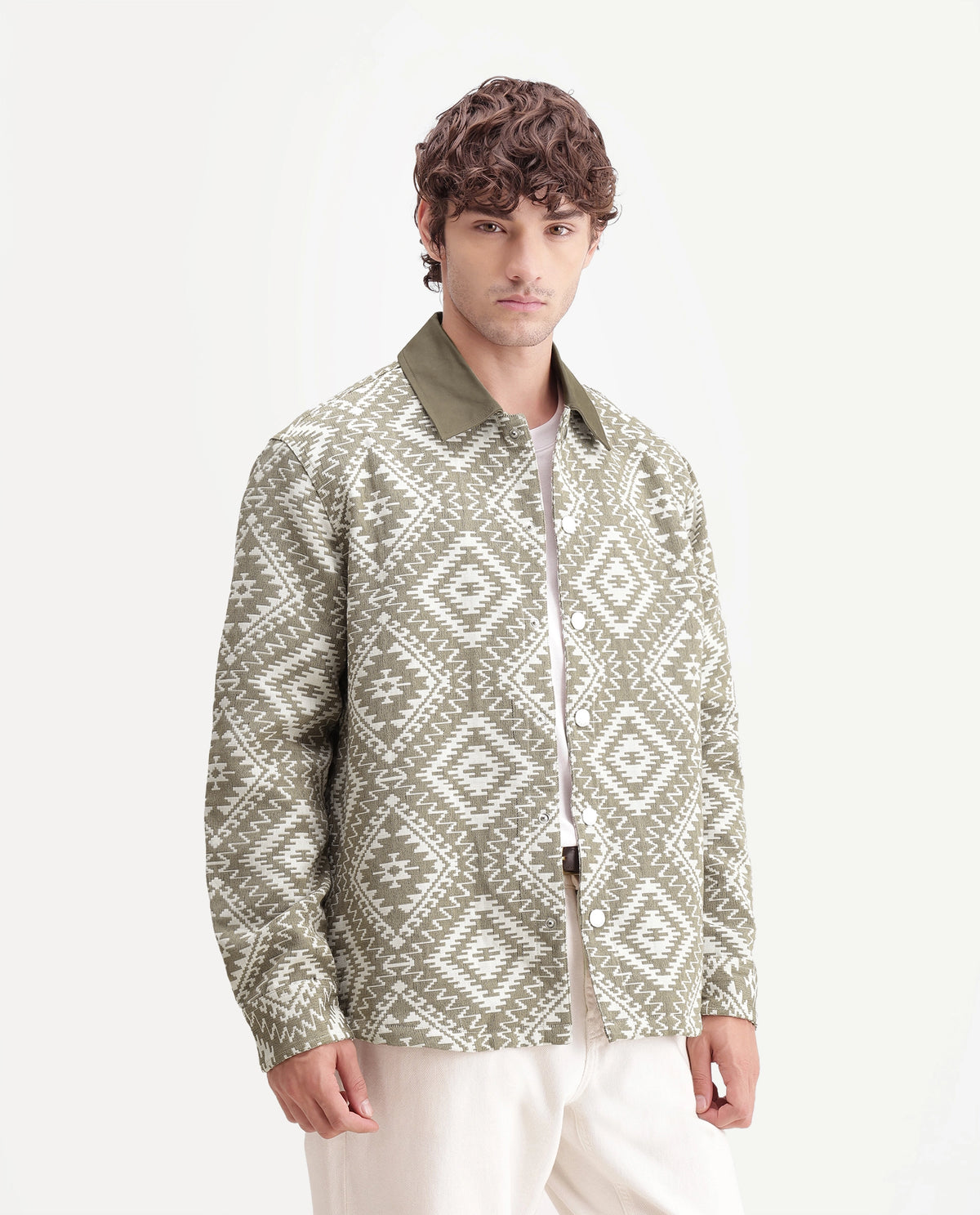 Rare Rabbit Men's Astro Beige Cotton Blend Spread Collar Snap Regular Jacquard Jacket