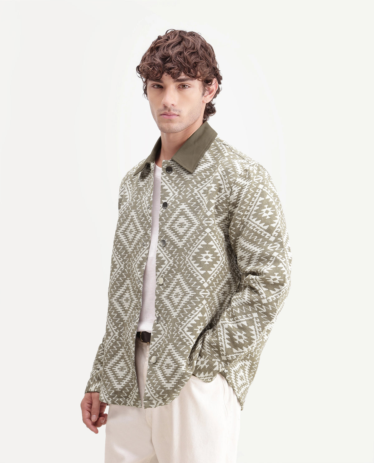 Rare Rabbit Men's Astro Beige Cotton Blend Spread Collar Snap Regular Jacquard Jacket