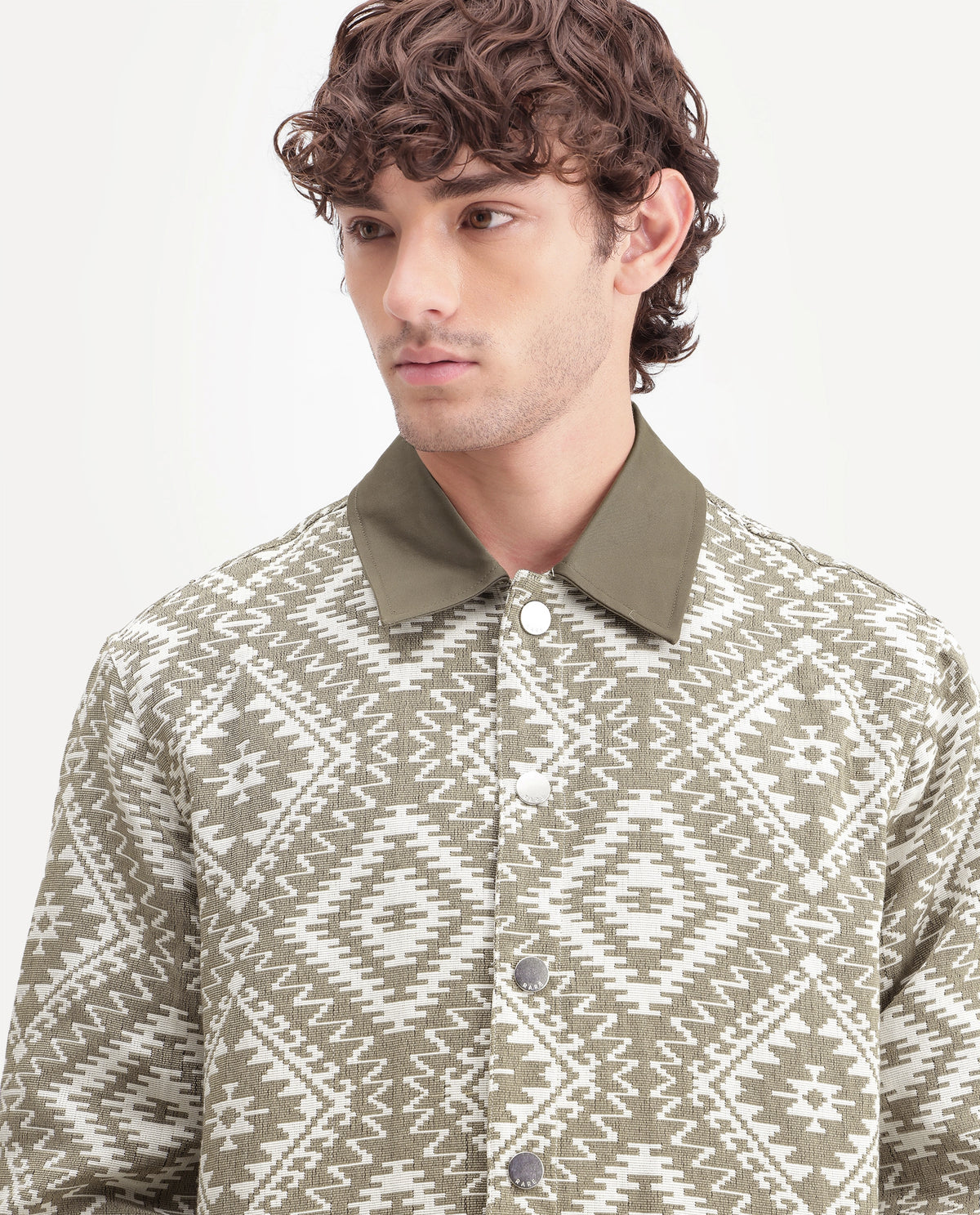 Rare Rabbit Men's Astro Beige Cotton Blend Spread Collar Snap Regular Jacquard Jacket