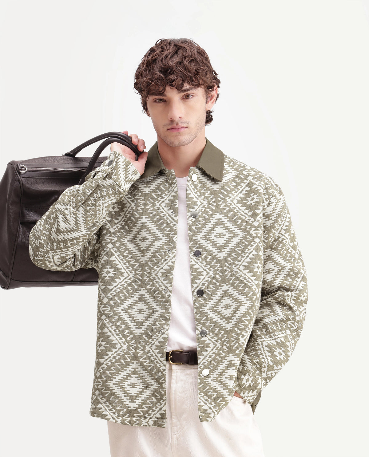 Rare Rabbit Men's Astro Beige Cotton Blend Spread Collar Snap Regular Jacquard Jacket