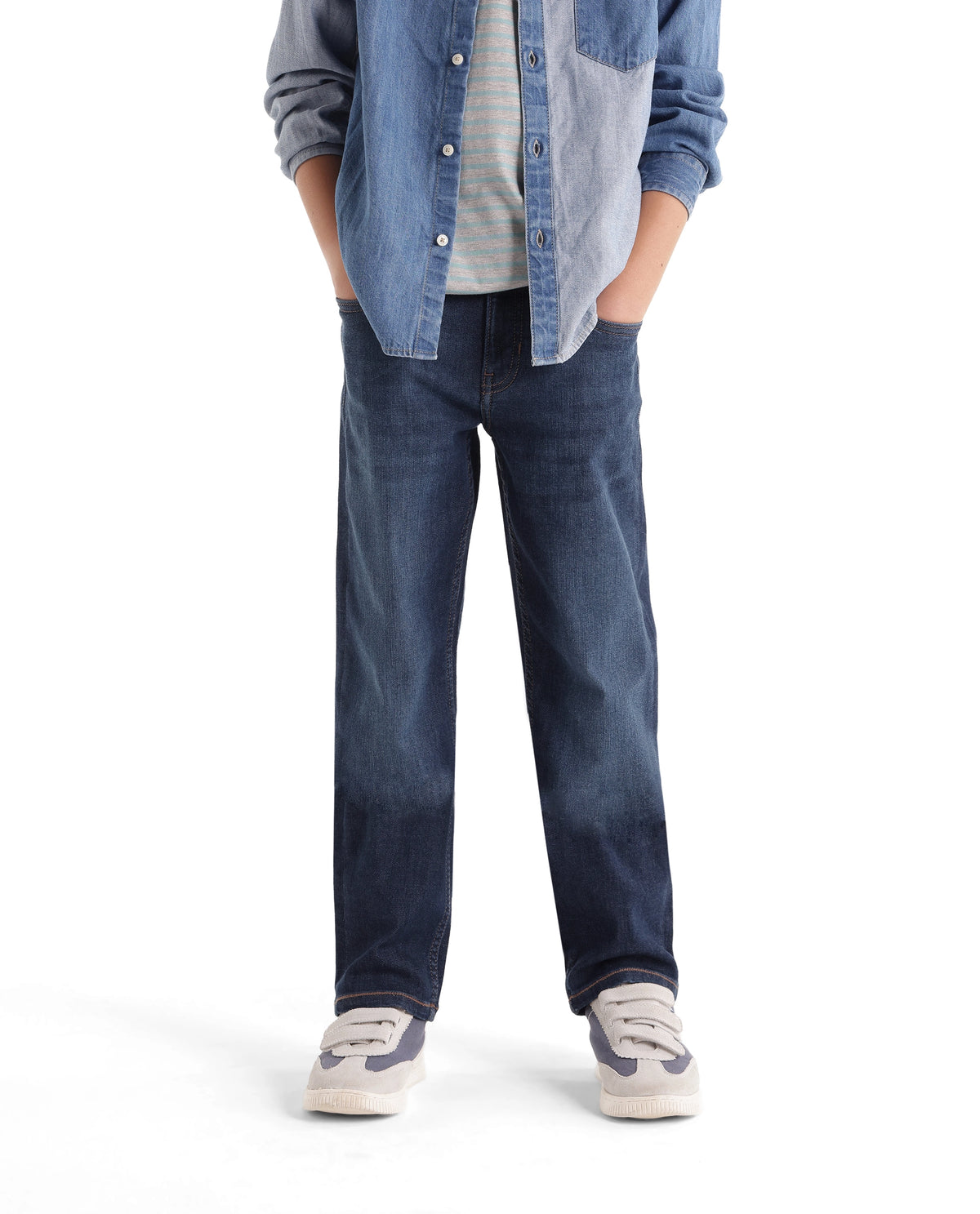 Rare Ones Kids Ned Dark Blue Cotton Blend Fabric Button And Zip Closure Regular Fit Plain Jeans