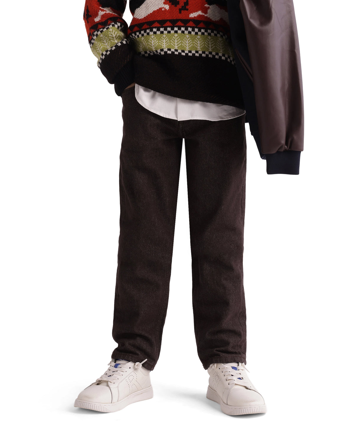 Rare Ones Kids Ladd-K Dark Brown Cotton Fabric Button And Zip Closure Regular Fit Plain Jeans