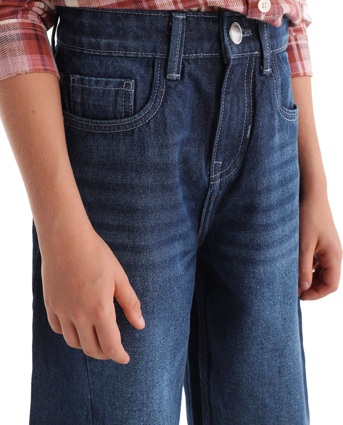 Rare Ones Kids Wells Light Blue Cotton Fabric Button And Zip Closure Relaxed Fit Plain Jeans