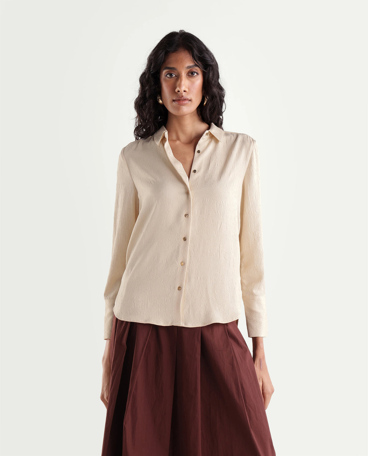Rareism Women's Pasimo Beige Polyester Spread Collar Regular Plain Shirt