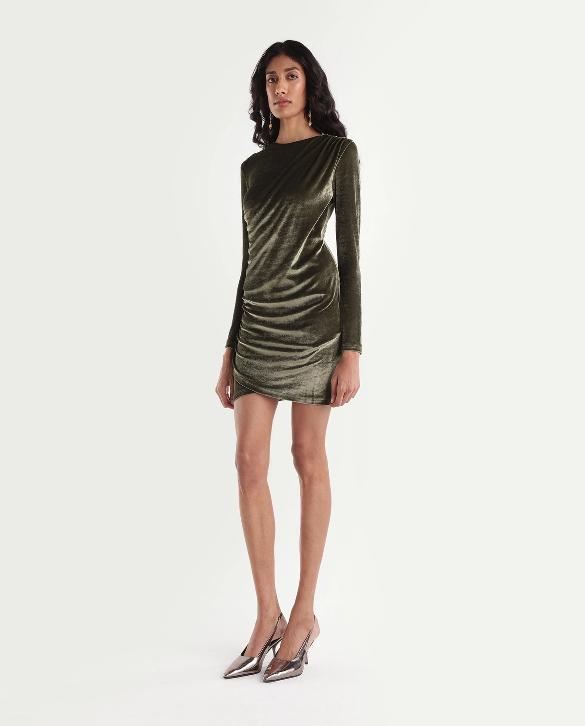 Rareism Women's Poton Dark Green Polyester Blend Crew Neck Bodycon Plain Dress