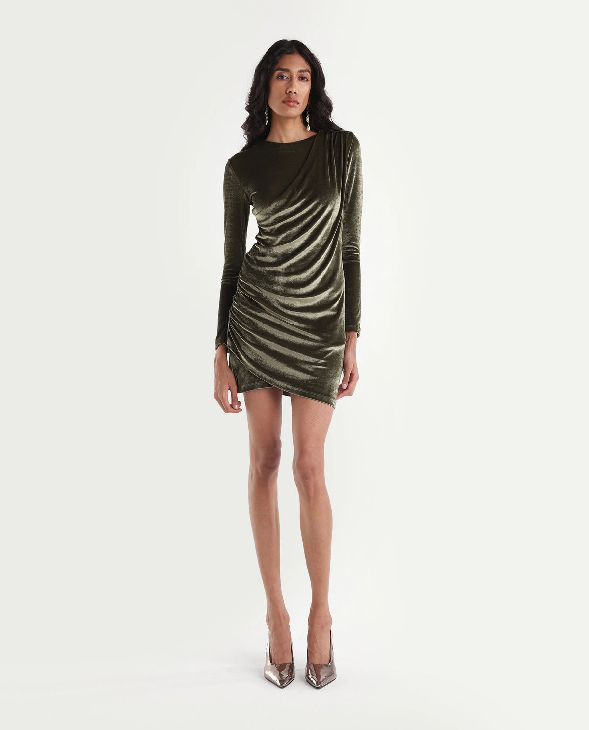 Rareism Women's Poton Dark Green Polyester Blend Crew Neck Bodycon Plain Dress