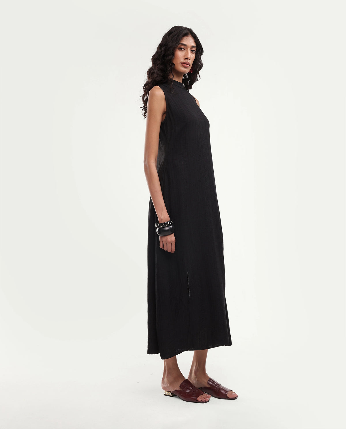 Rareism Women's Quina Black Viscose Blend High Neck A-Line Jacquard Dress