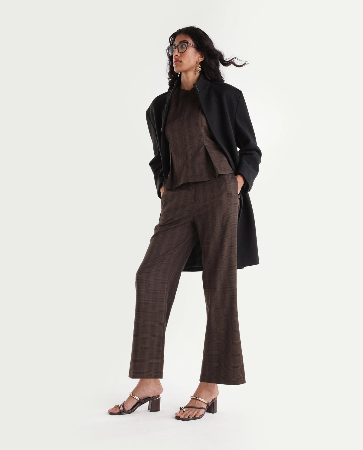Rareism Women's Quzor-B Brown Polyester Blend Straight Checked Trouser