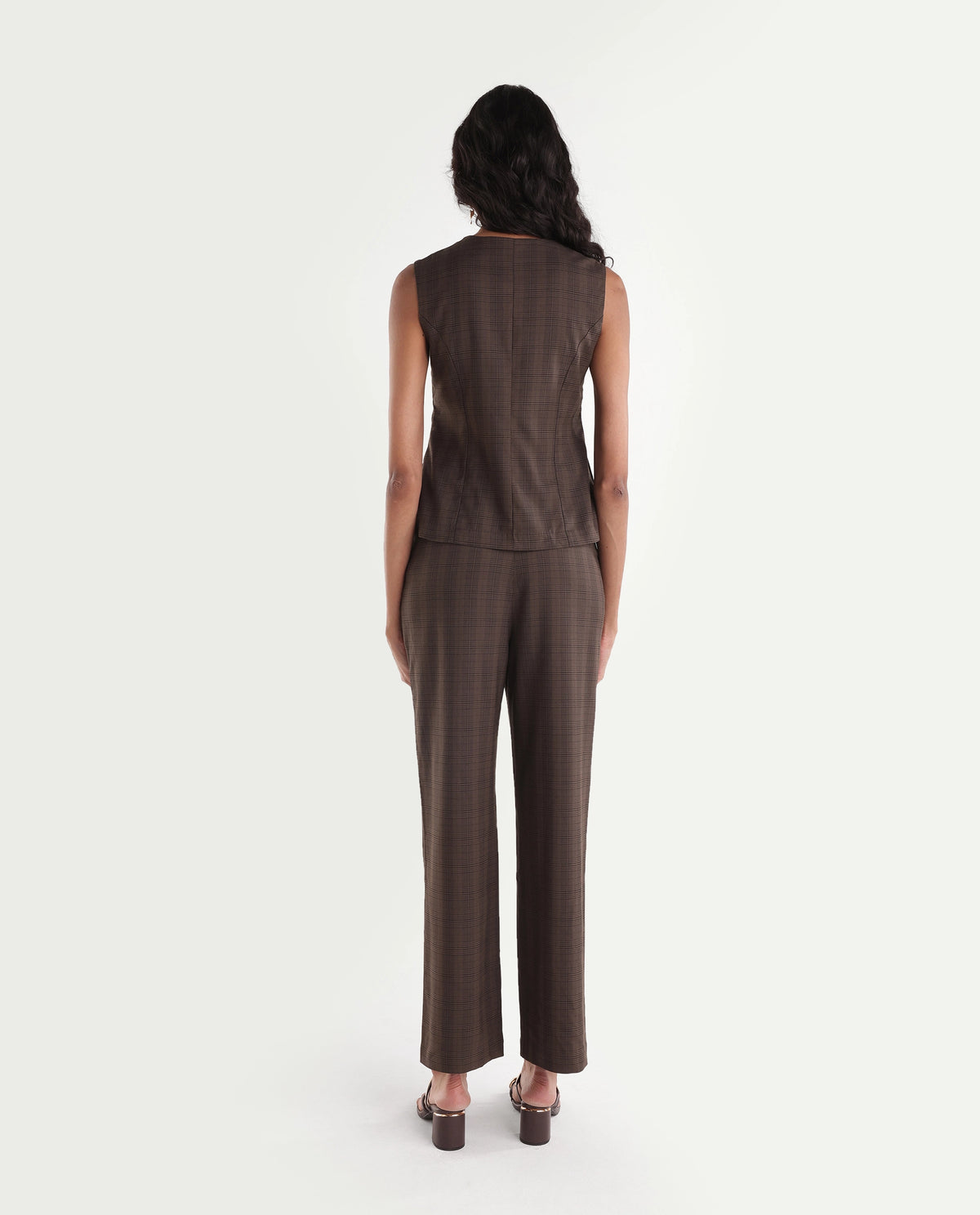 Rareism Women's Quzor-B Brown Polyester Blend Straight Checked Trouser