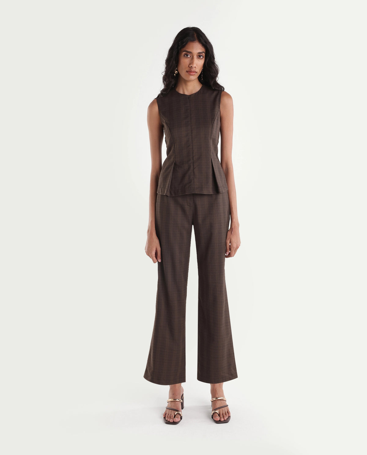 Rareism Women's Quzor-B Brown Polyester Blend Straight Checked Trouser