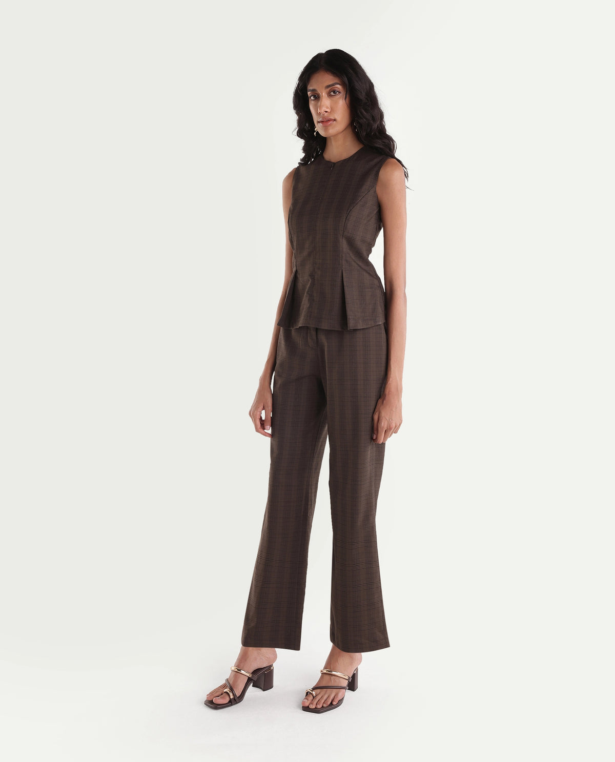 Rareism Women's Quzor-B Brown Polyester Blend Straight Checked Trouser