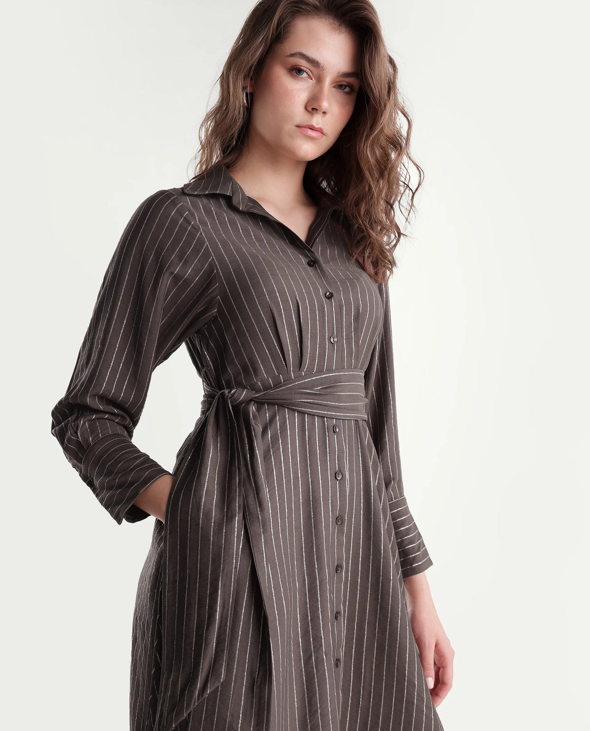 Rareism Women's Qeen Brown Viscose Blend Spread Collar A-Line Striped Dress