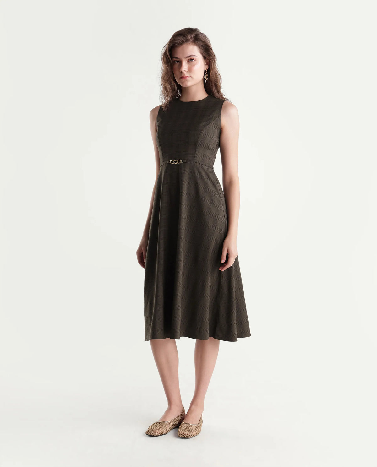 Rareism Women's Quseno Brown Polyester Blend Crew Neck Fit And Flare Checked Dress