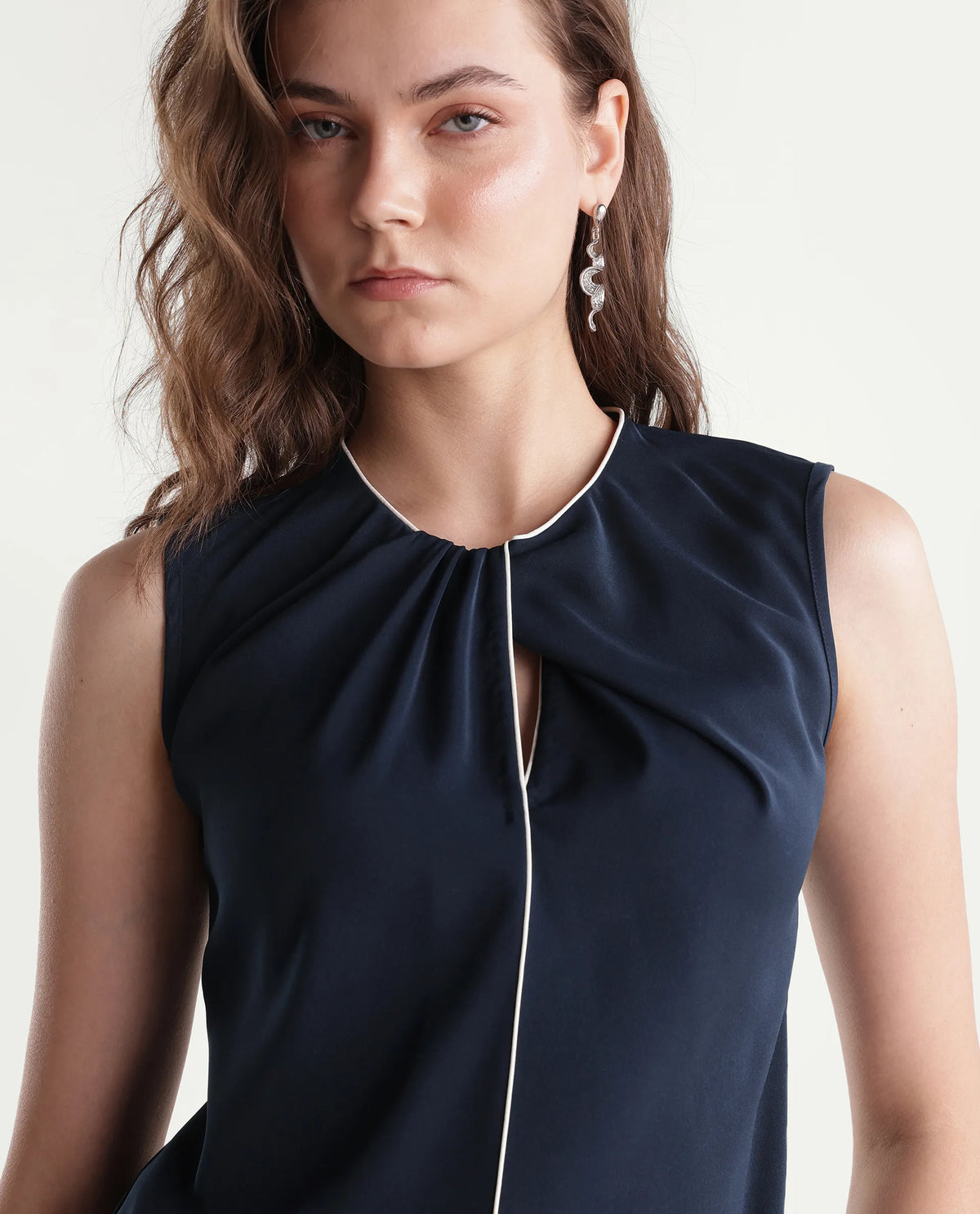 Rareism Women's Wade Navy Polyester Crew Neck Regular Plain Top