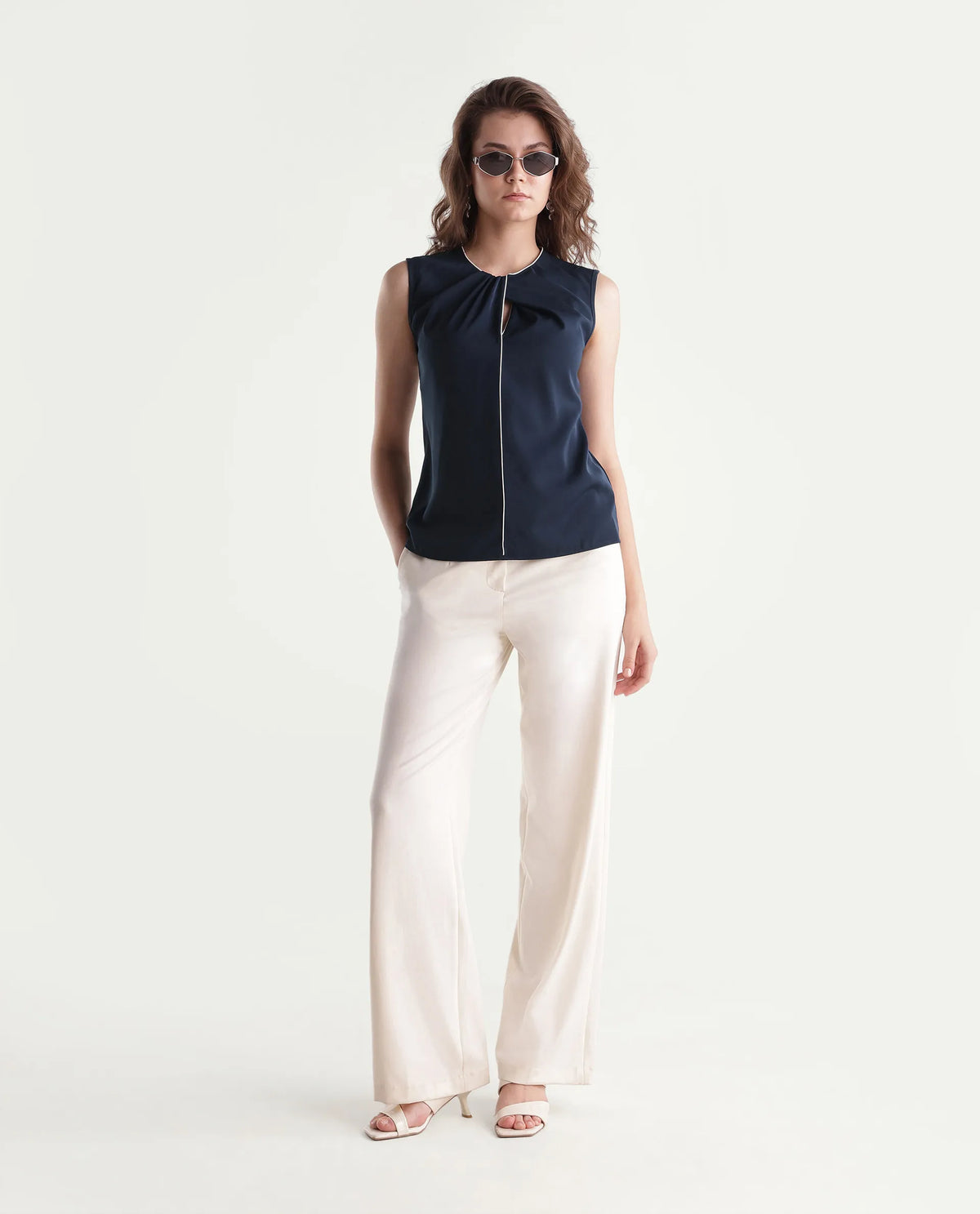 Rareism Women's Wade Navy Polyester Crew Neck Regular Plain Top