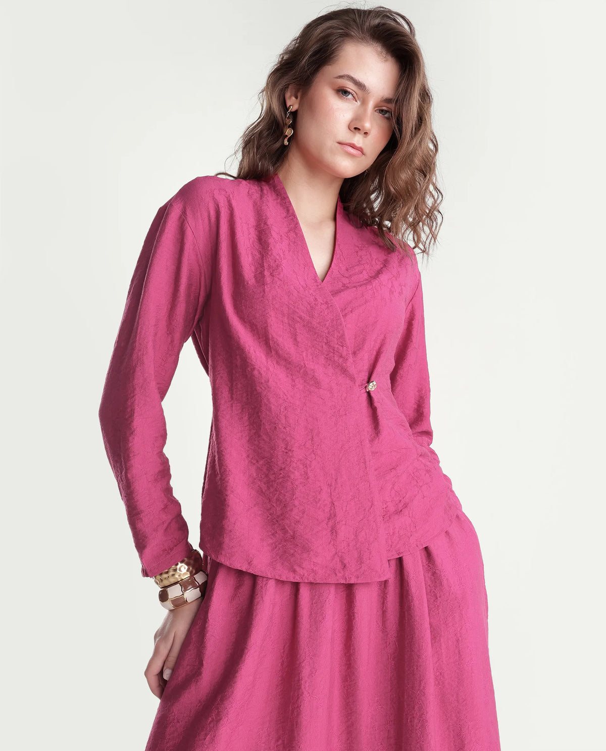 Rareism Women's Willis-T Dark Pink Viscose Blend Over Lap Wrap Jacquard Top