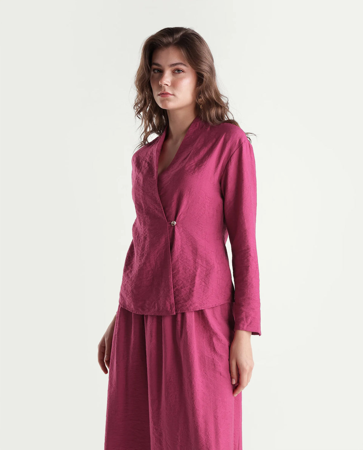 Rareism Women's Willis-T Dark Pink Viscose Blend Over Lap Wrap Jacquard Top