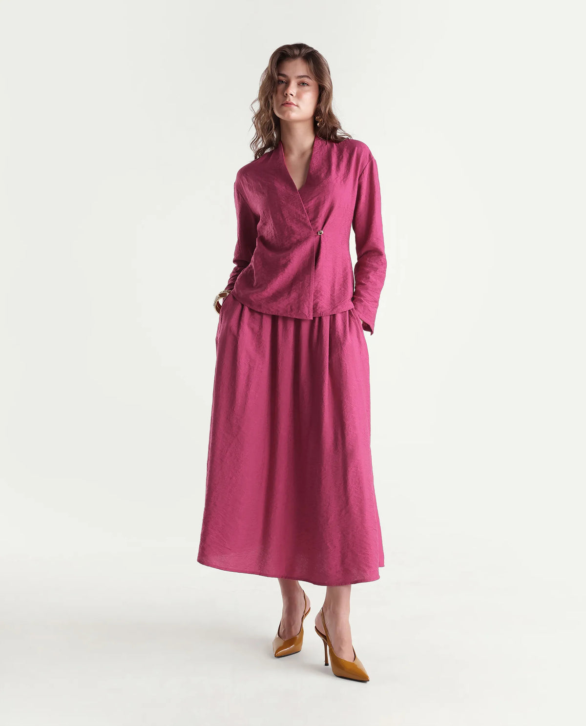 Rareism Women's Willis-T Dark Pink Viscose Blend Over Lap Wrap Jacquard Top