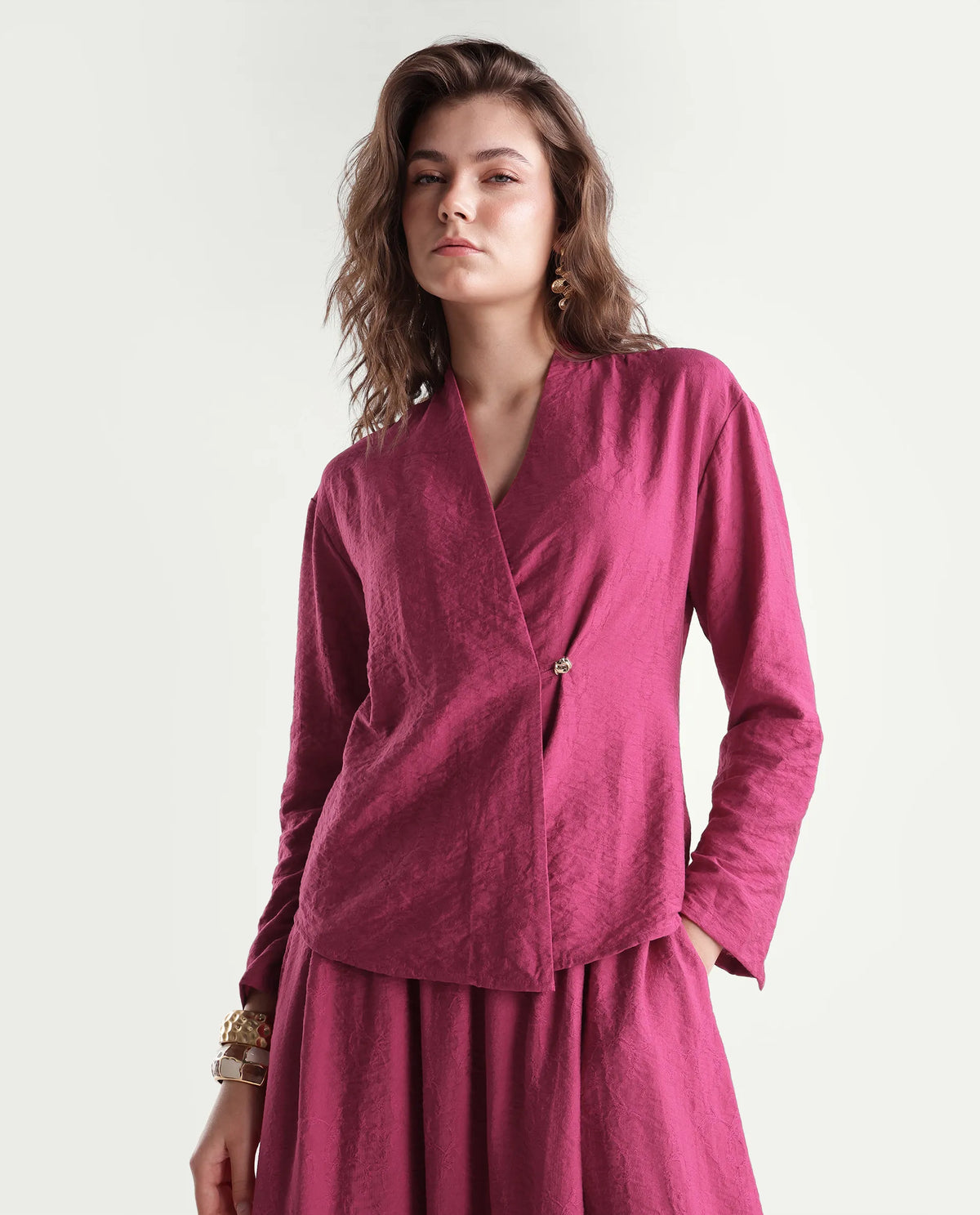 Rareism Women's Willis-T Dark Pink Viscose Blend Over Lap Wrap Jacquard Top