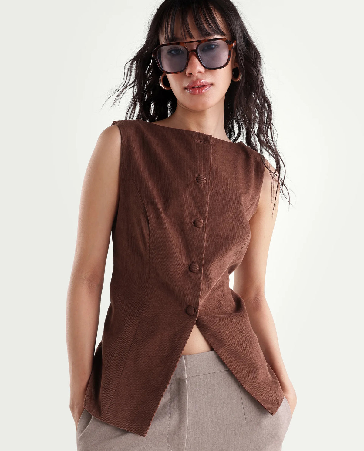 Rareism Women's Zina Brown Cotton Boat Neck Fitted Plain Waist Coat