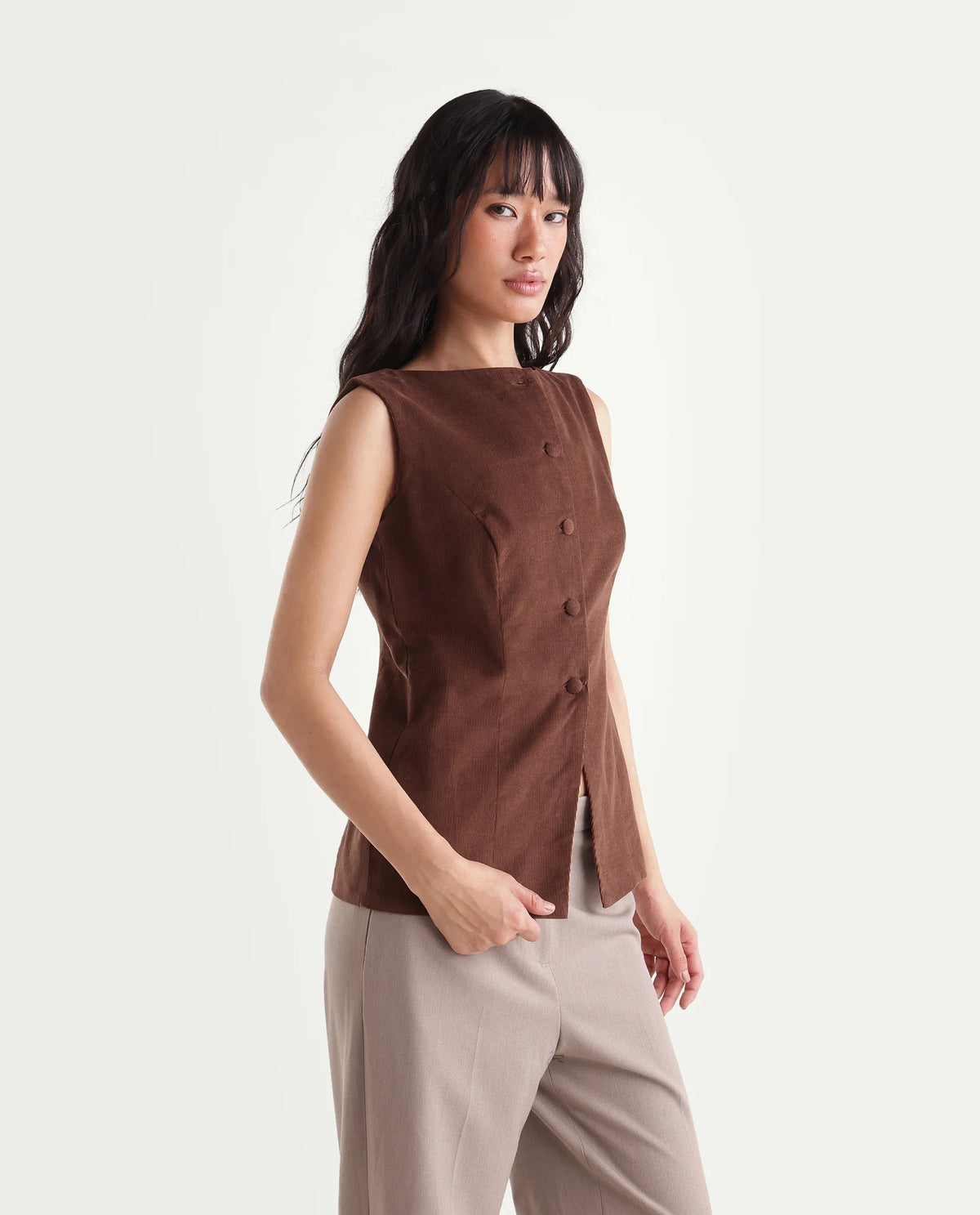 Rareism Women's Zina Brown Cotton Boat Neck Fitted Plain Waist Coat