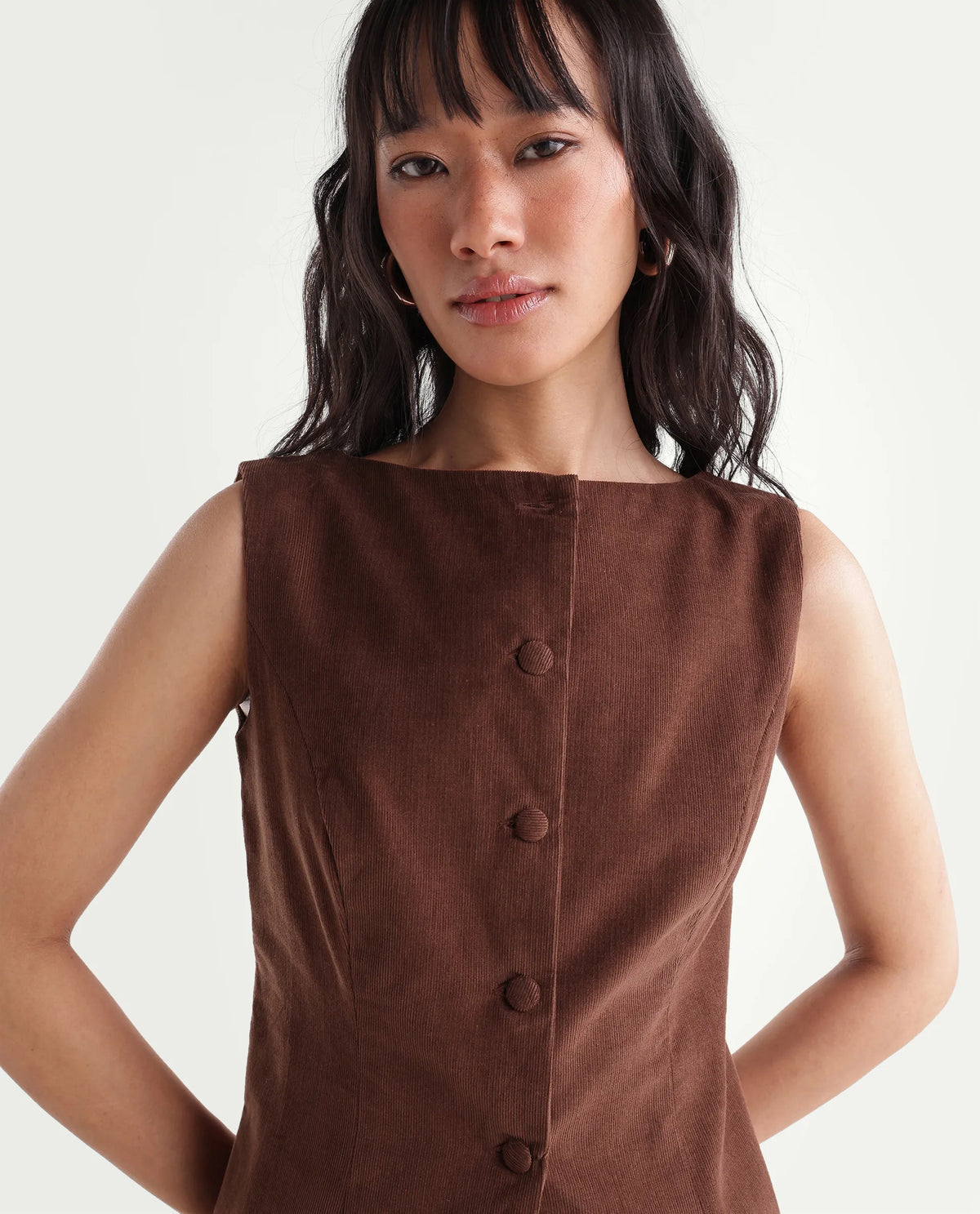 Rareism Women's Zina Brown Cotton Boat Neck Fitted Plain Waist Coat