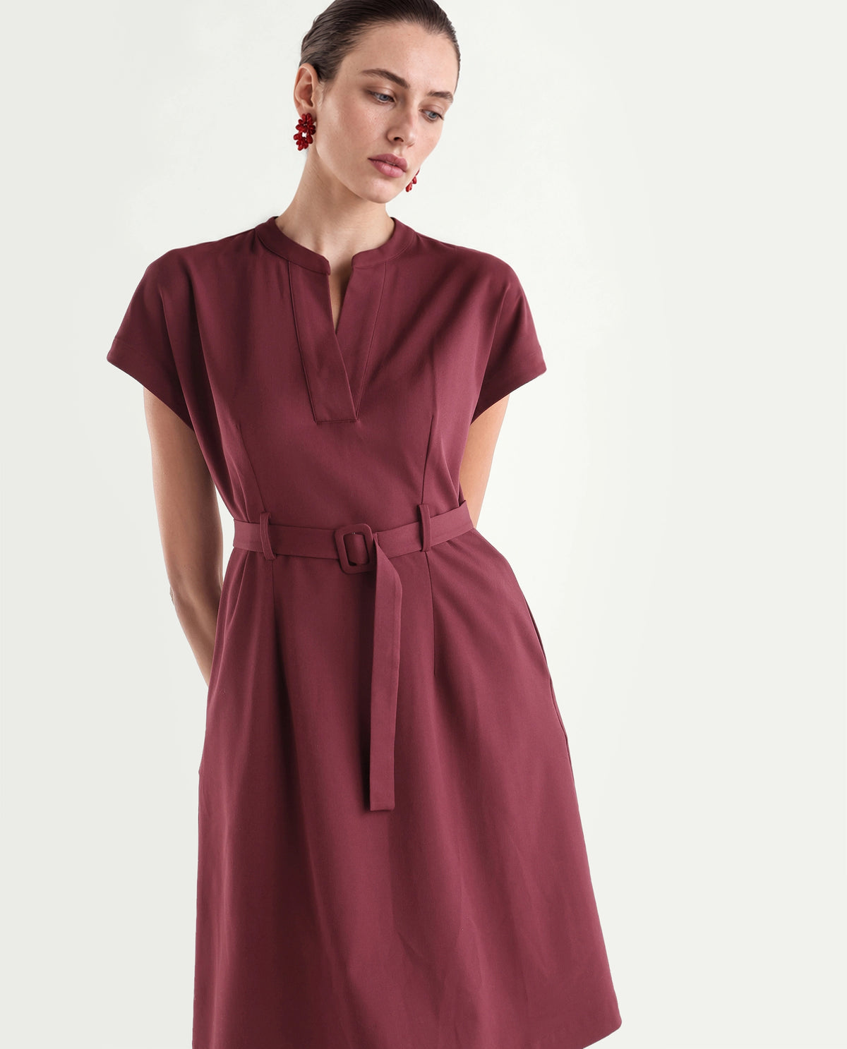Rareism Women's Wory Dark Red Polyester Blend Mandarin Collar A-Line Plain Dress