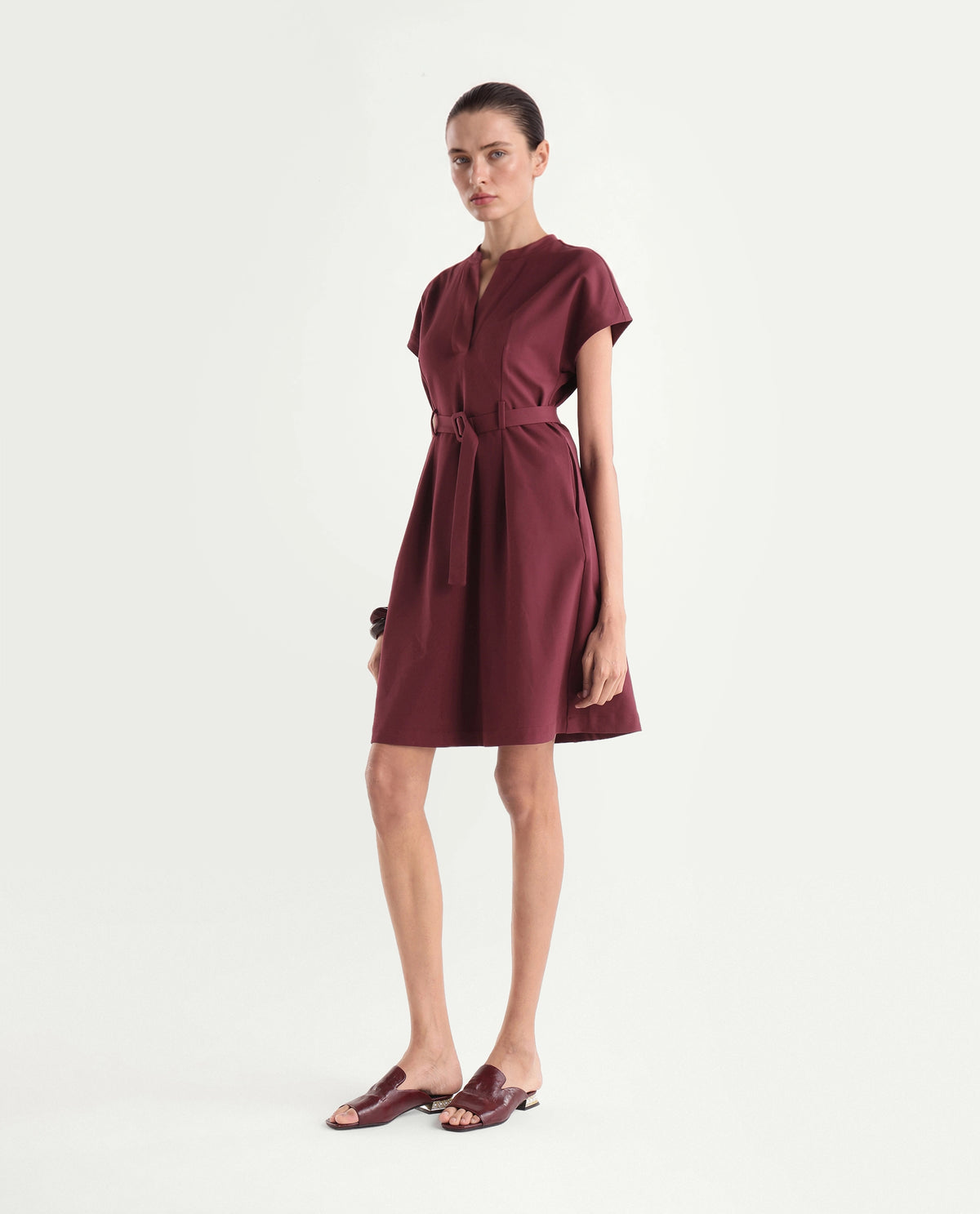 Rareism Women's Wory Dark Red Polyester Blend Mandarin Collar A-Line Plain Dress