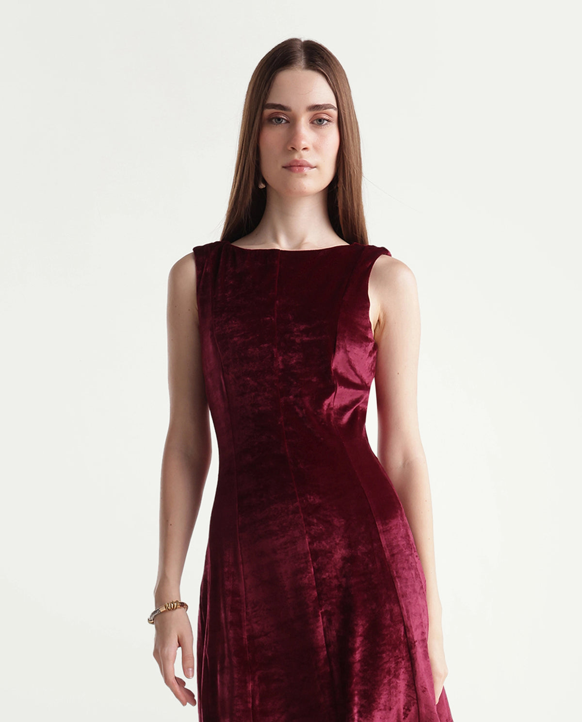 Rareism Women's Potac Maroon Polyester Blend Crew Neck Fit And Flare Plain Dress