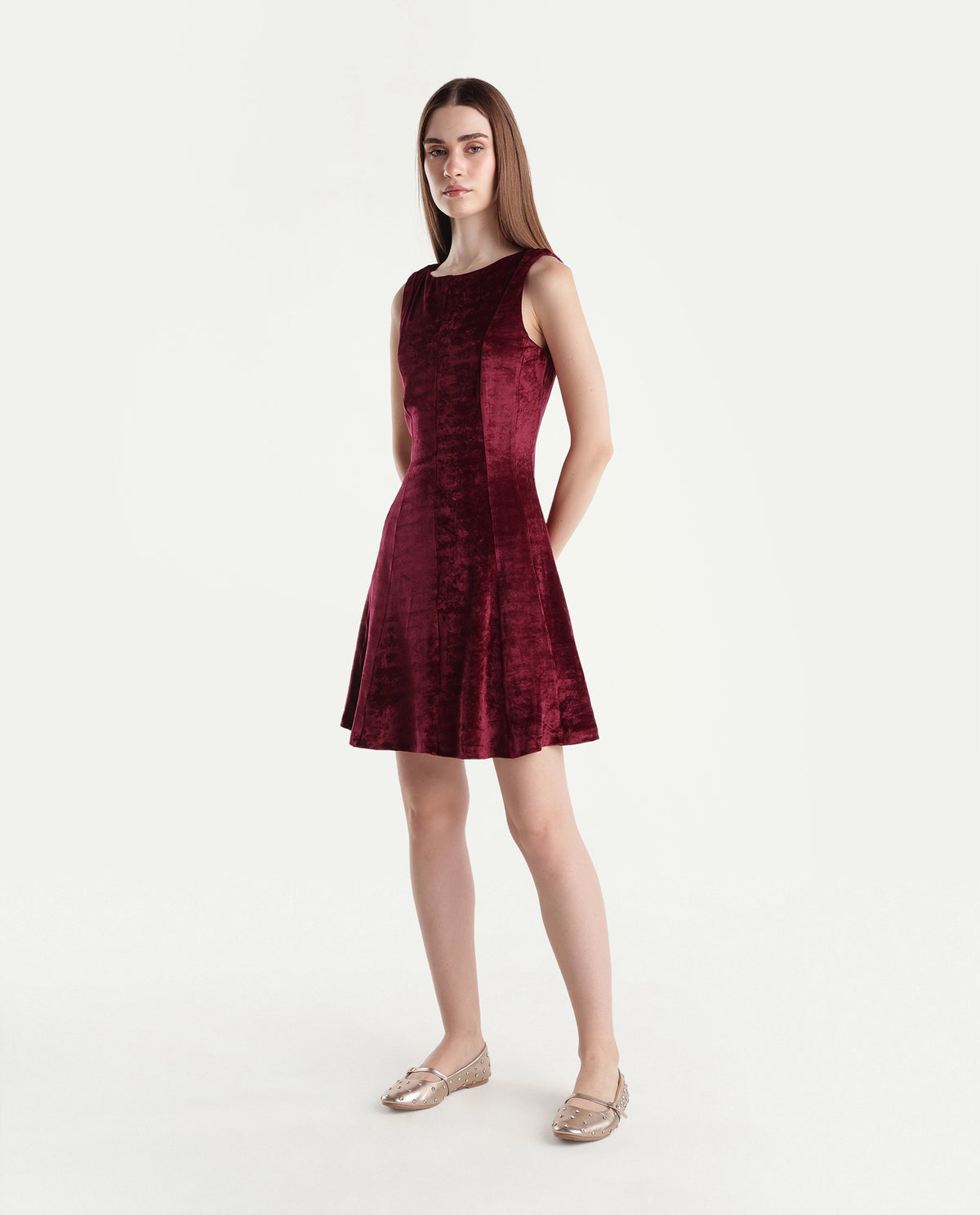 Rareism Women's Potac Maroon Polyester Blend Crew Neck Fit And Flare Plain Dress